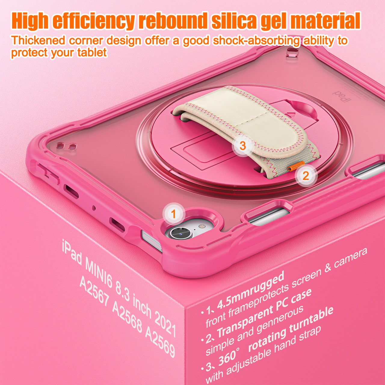 iPad Mini 6 / 7 (A17 Pro) Rugged Case - 360° Stand, Hand & Shoulder Strap - Shockproof - Rose