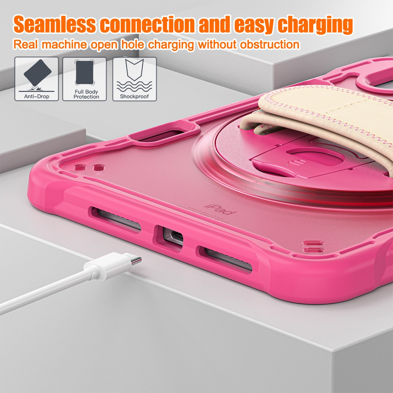 iPad Mini 6 / 7 (A17 Pro) Rugged Case - 360° Stand, Hand & Shoulder Strap - Shockproof - Rose