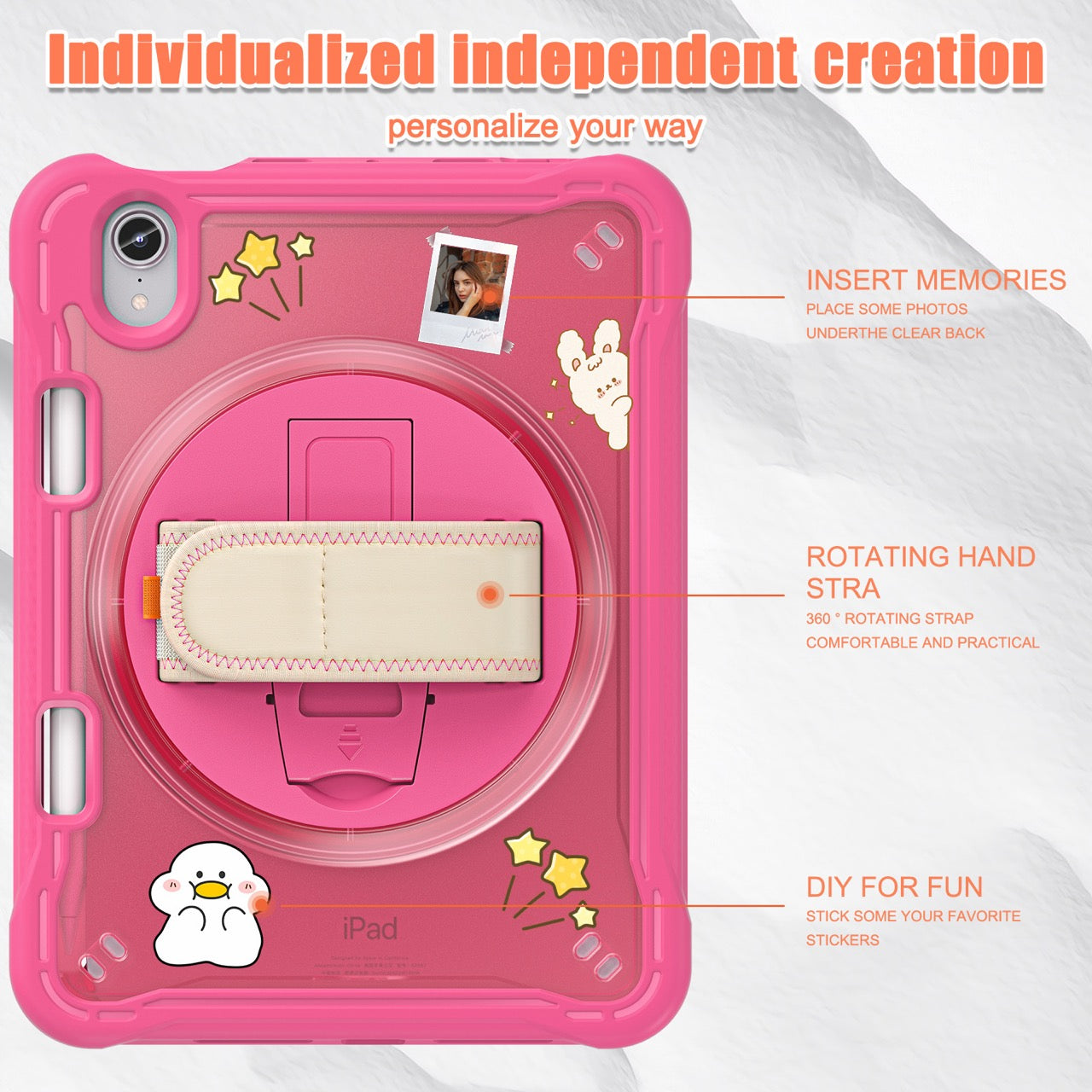 iPad Mini 6 / 7 (A17 Pro) Rugged Case - 360° Stand, Hand & Shoulder Strap - Shockproof - Rose