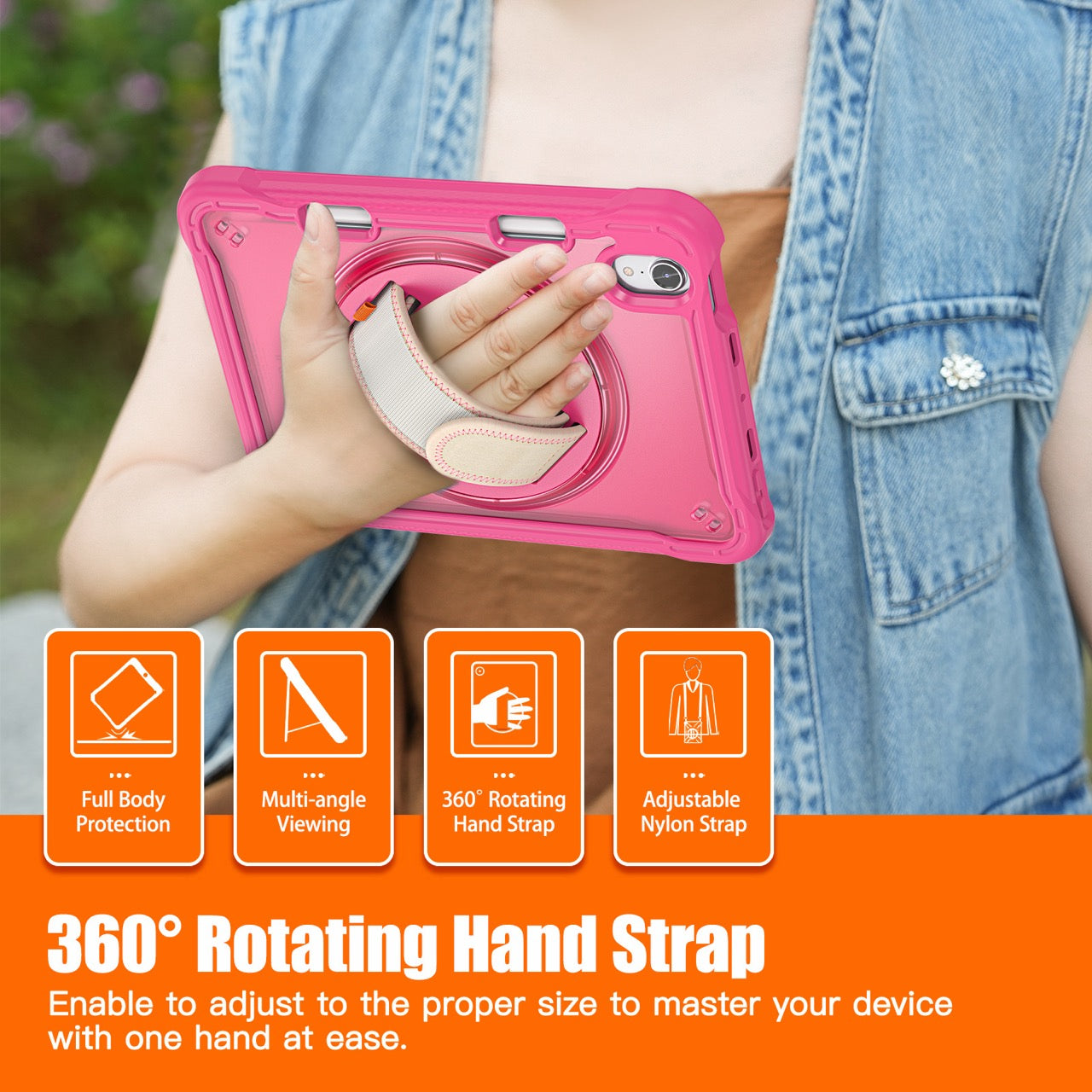 iPad Mini 6 / 7 (A17 Pro) Rugged Case - 360° Stand, Hand & Shoulder Strap - Shockproof - Rose
