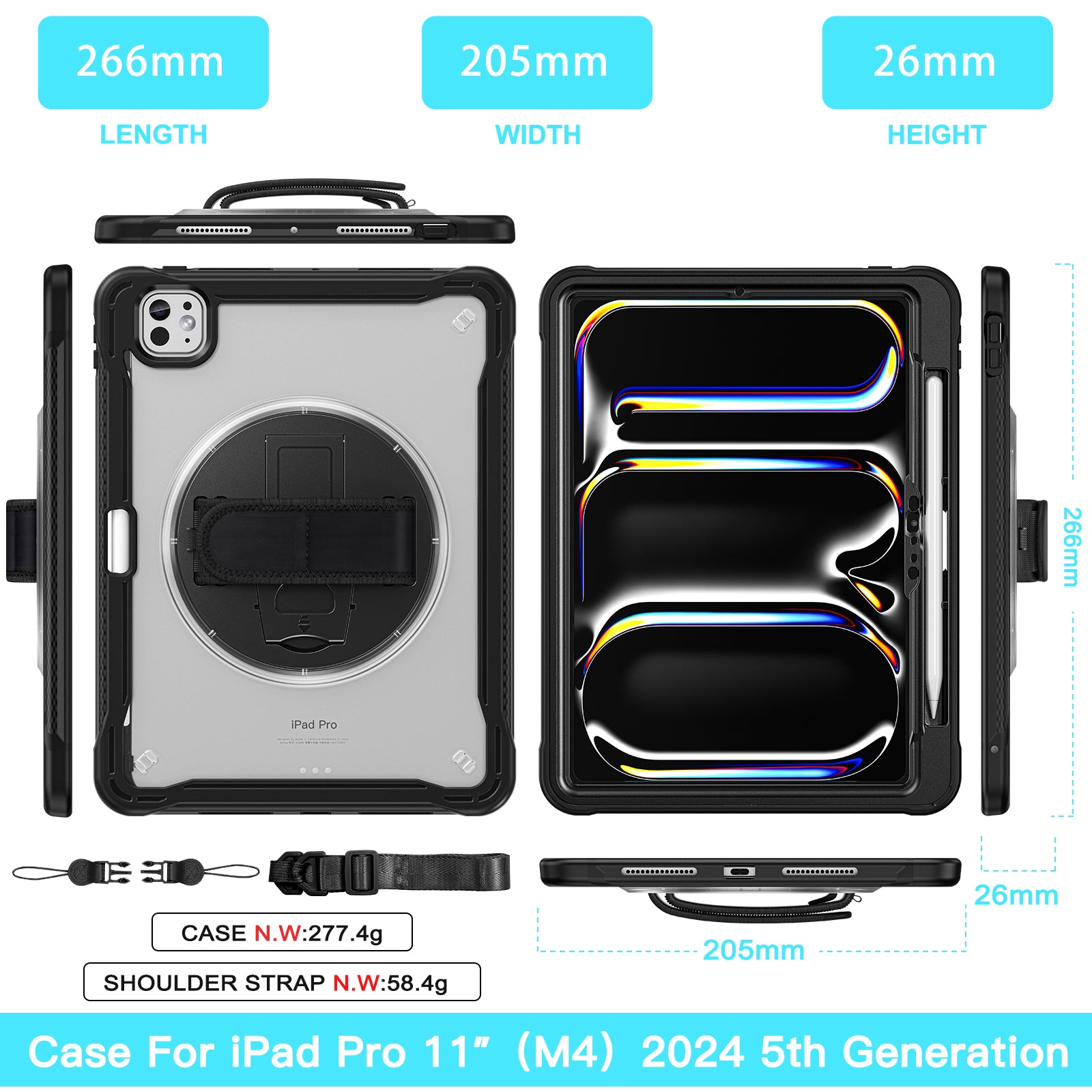 iPad Pro 11" Rugged Case (M5 2025 / M4 2024) - 360° Stand, Hand & Shoulder Strap - Shockproof - Black