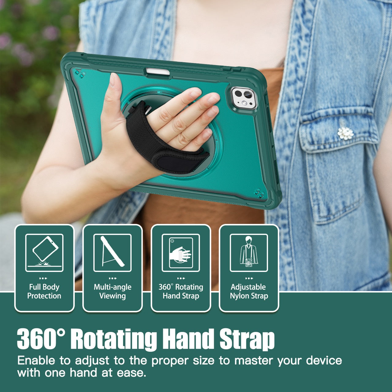 iPad Pro 11" Rugged Case (M5 2025 / M4 2024) - 360° Stand, Hand & Shoulder Strap - Shockproof - Green