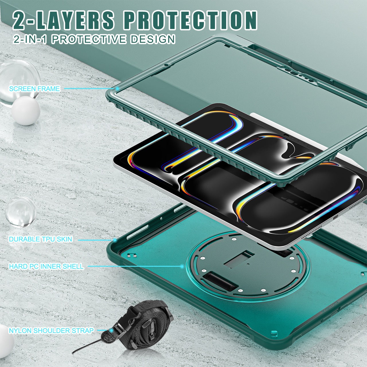 iPad Pro 11" Rugged Case (M5 2025 / M4 2024) - 360° Stand, Hand & Shoulder Strap - Shockproof - Green