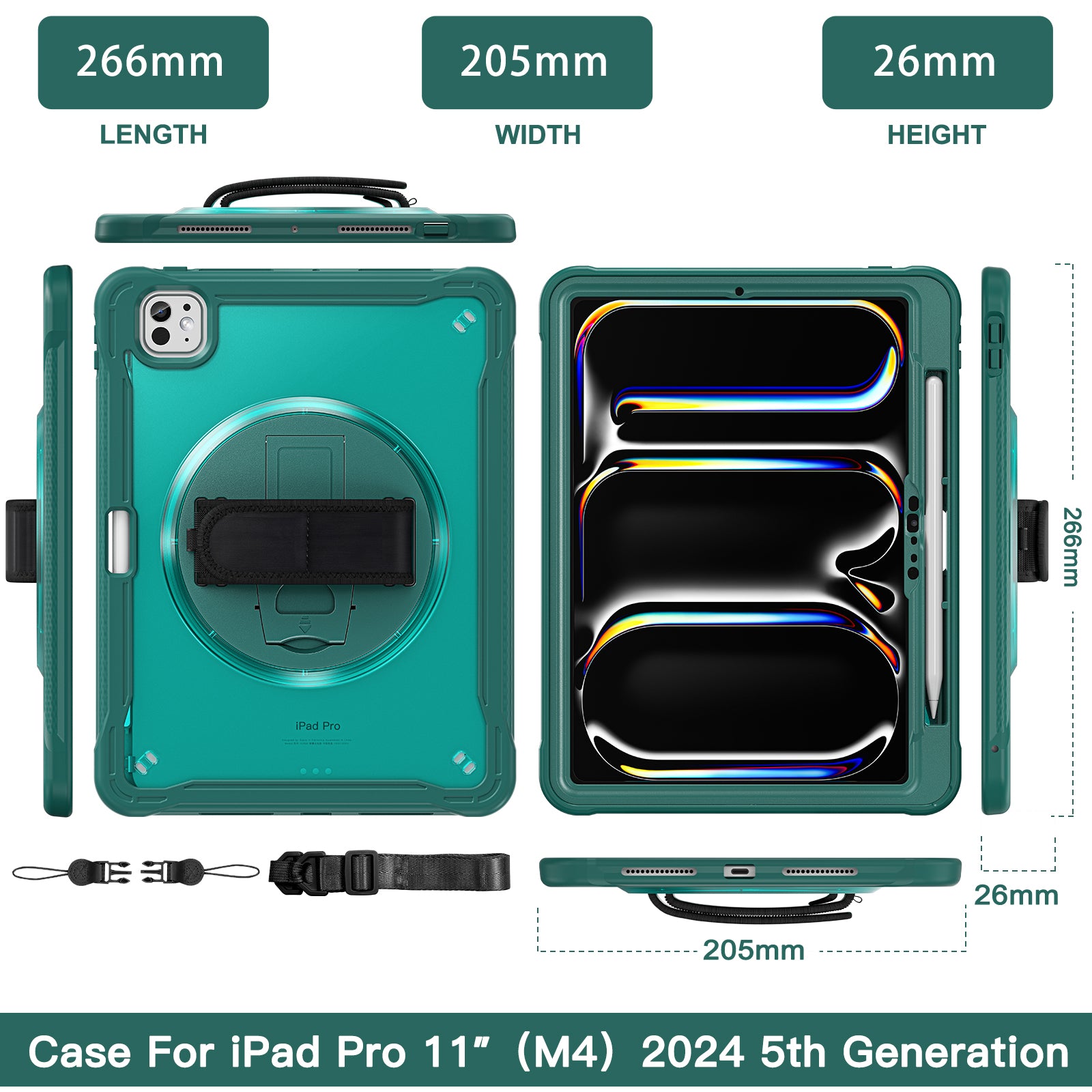 iPad Pro 11" Rugged Case (M5 2025 / M4 2024) - 360° Stand, Hand & Shoulder Strap - Shockproof - Green