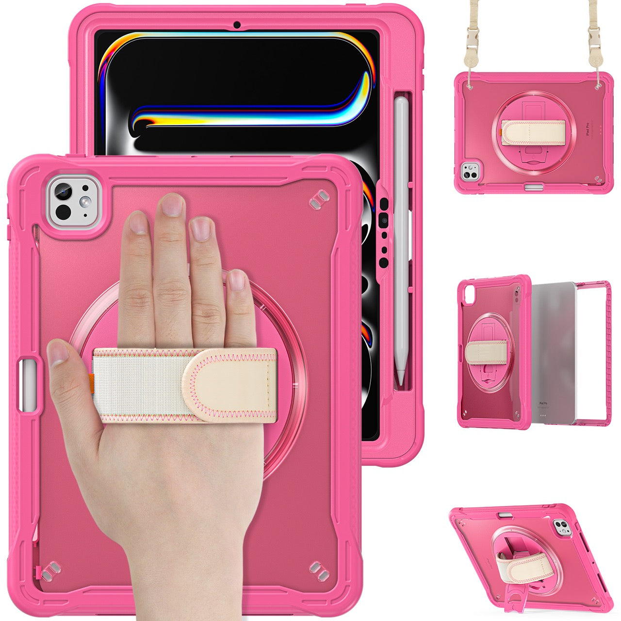 iPad Pro 11" Rugged Case (M5 2025 / M4 2024) - 360° Stand, Hand & Shoulder Strap - Shockproof - Rose