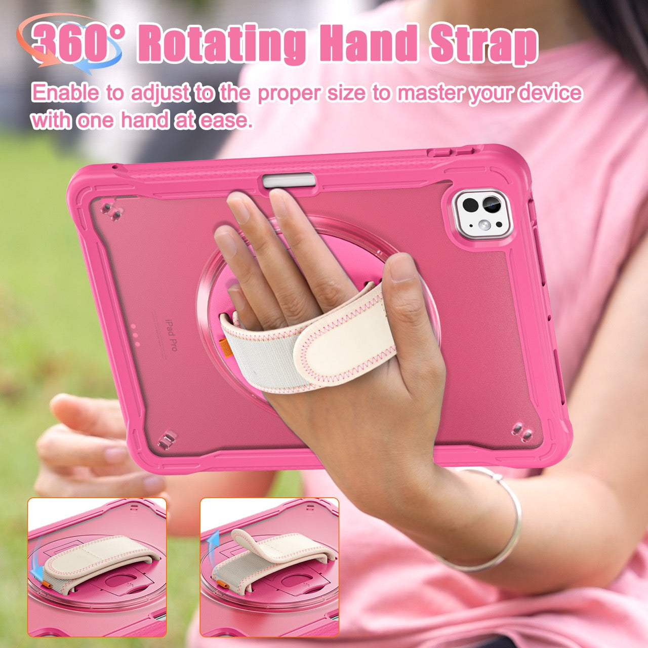iPad Pro 11" Rugged Case (M5 2025 / M4 2024) - 360° Stand, Hand & Shoulder Strap - Shockproof - Rose