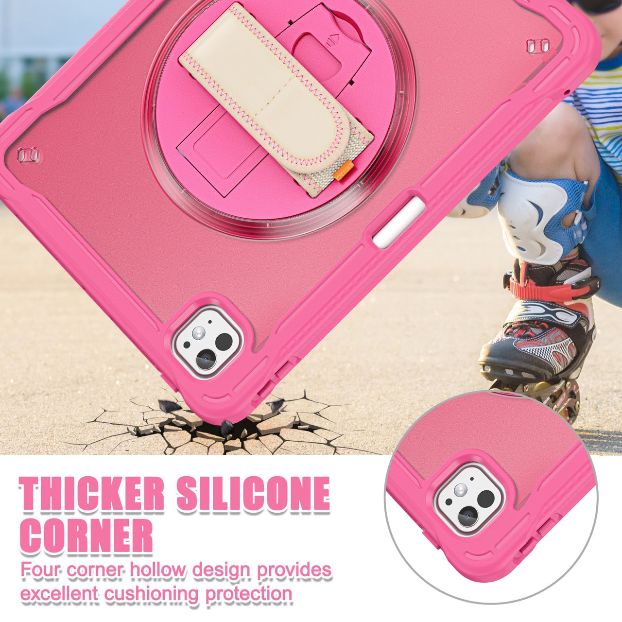 iPad Pro 11" Rugged Case (M5 2025 / M4 2024) - 360° Stand, Hand & Shoulder Strap - Shockproof - Rose