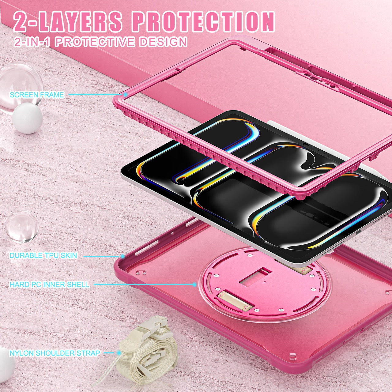 iPad Pro 11" Rugged Case (M5 2025 / M4 2024) - 360° Stand, Hand & Shoulder Strap - Shockproof - Rose