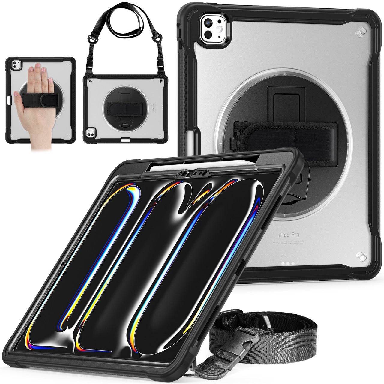 iPad Pro 13" Rugged Case (M5 2025 / M4 2024) - 360° Stand, Hand & Shoulder Strap - Shockproof - Black