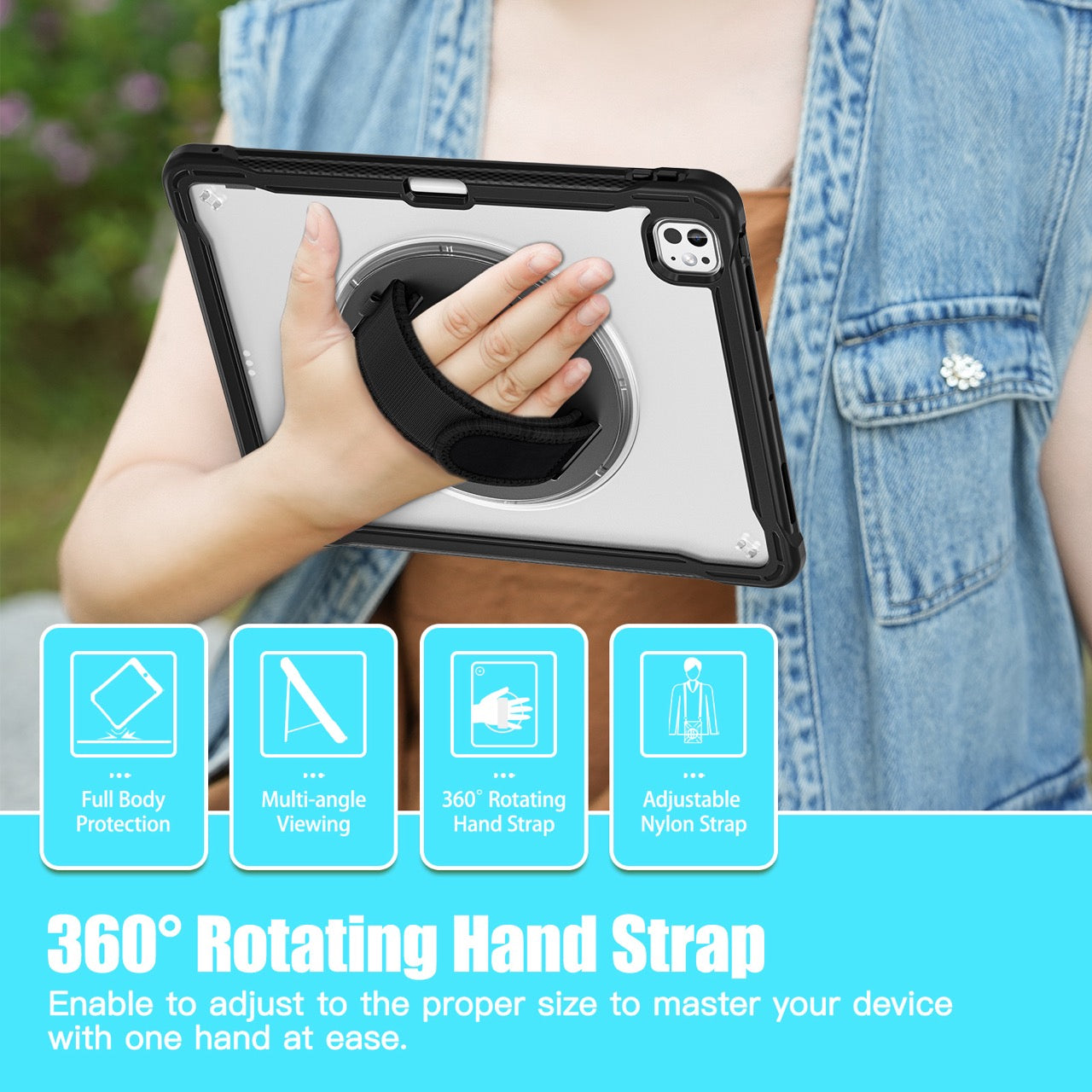 iPad Pro 13" Rugged Case (M5 2025 / M4 2024) - 360° Stand, Hand & Shoulder Strap - Shockproof - Black