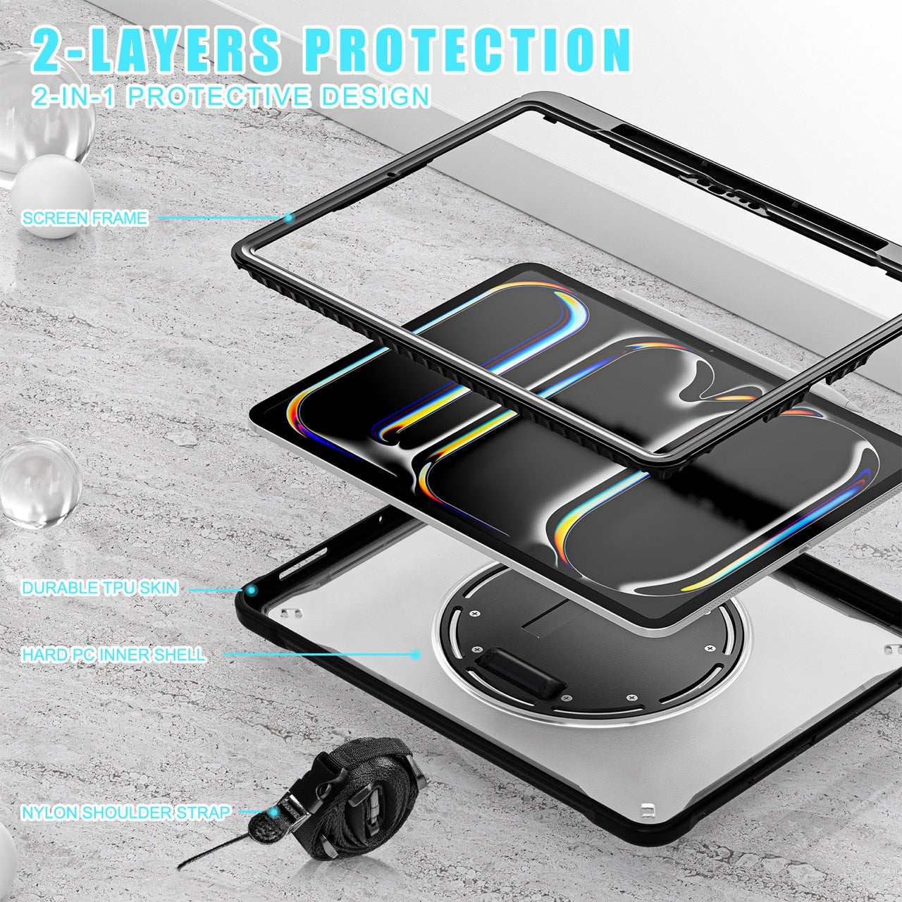 iPad Pro 13" Rugged Case (M5 2025 / M4 2024) - 360° Stand, Hand & Shoulder Strap - Shockproof - Black
