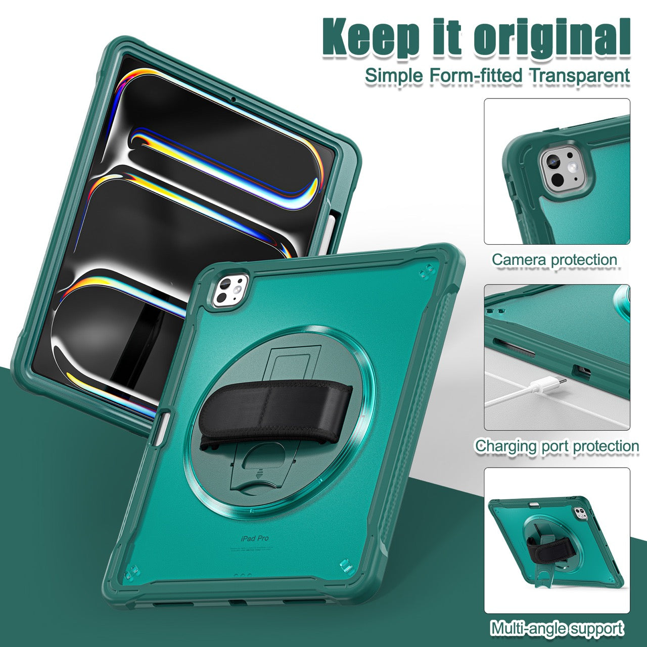 iPad Pro 13" Rugged Case (M5 2025 / M4 2024) - 360° Stand, Hand & Shoulder Strap - Shockproof - Green