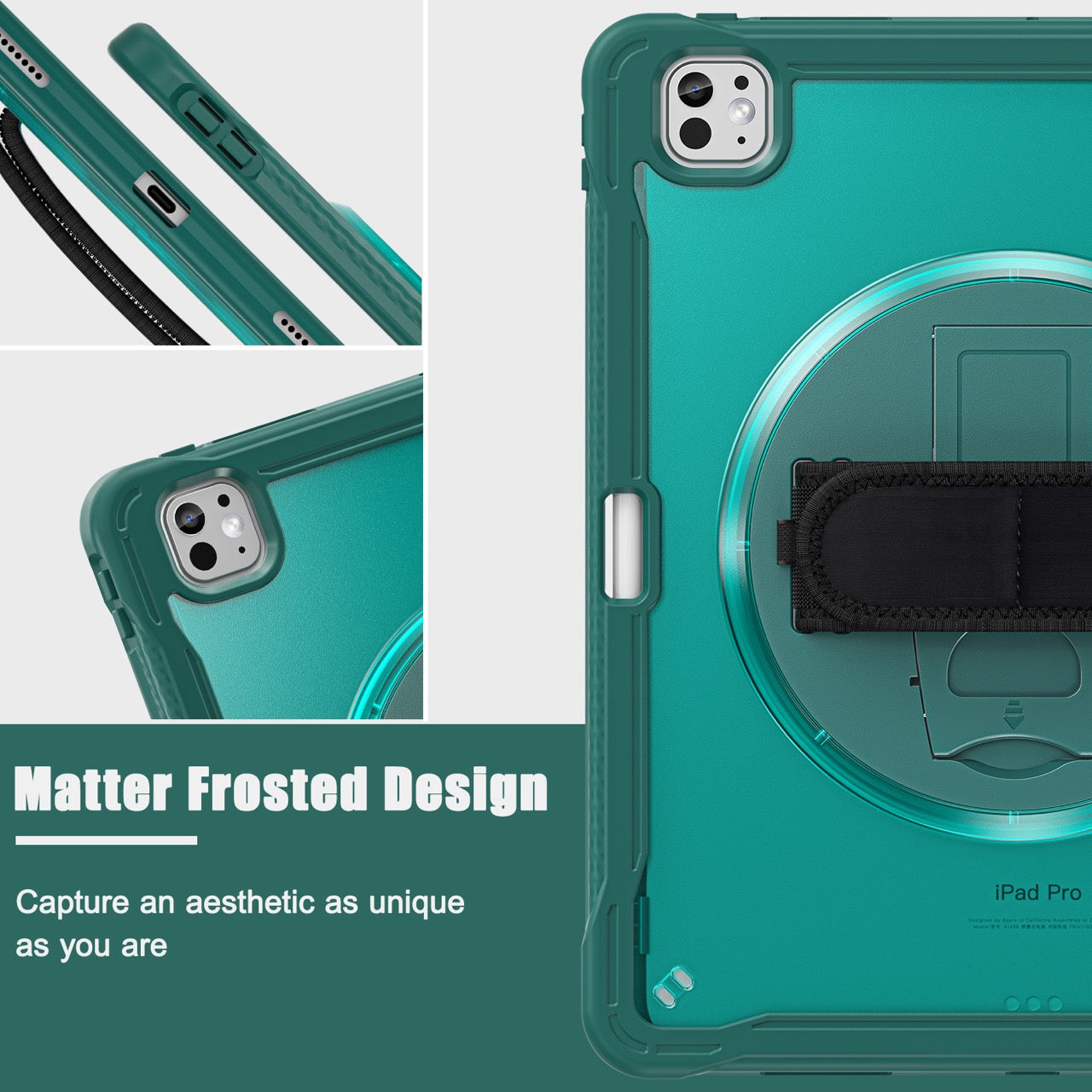 iPad Pro 13" Rugged Case (M5 2025 / M4 2024) - 360° Stand, Hand & Shoulder Strap - Shockproof - Green