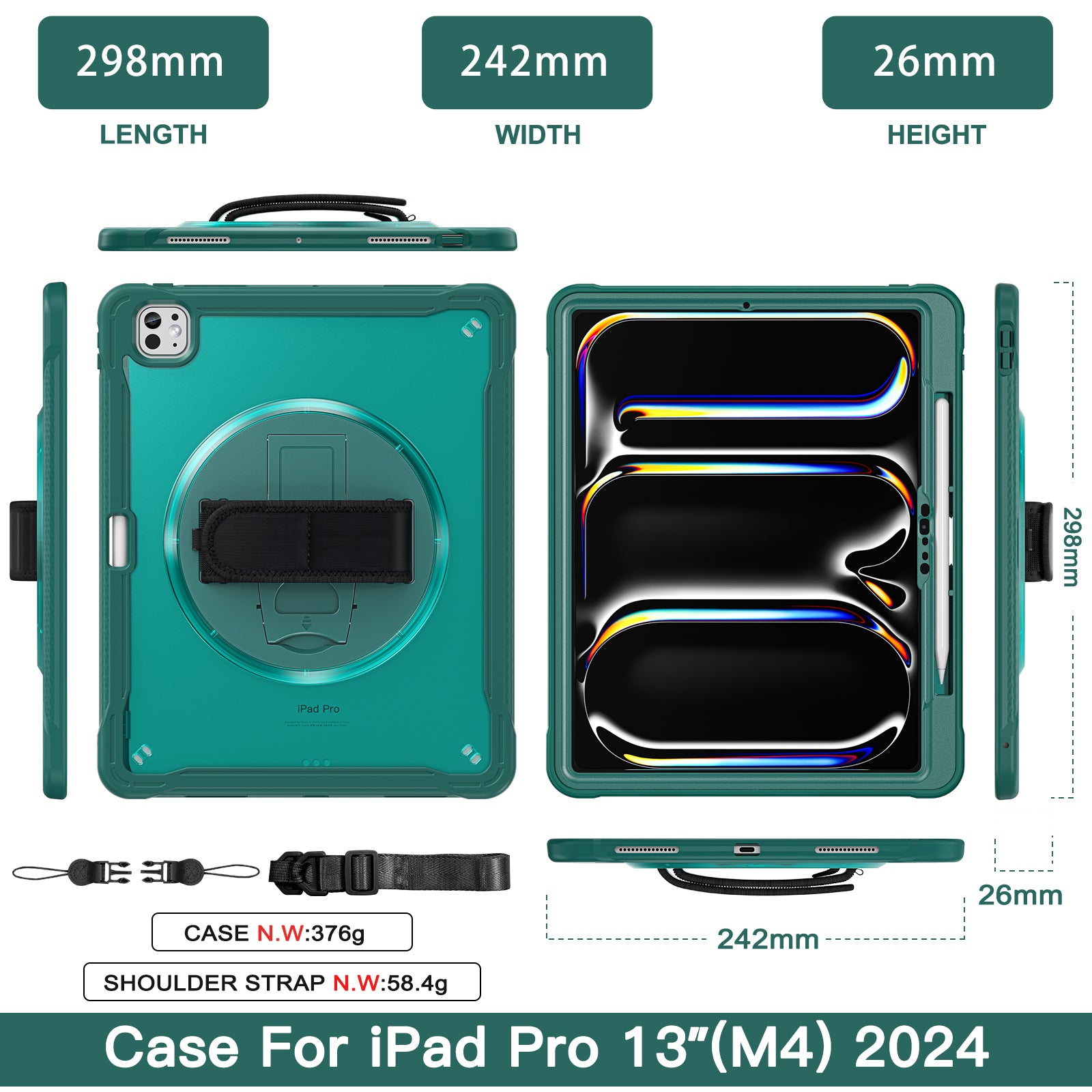 iPad Pro 13" Rugged Case (M5 2025 / M4 2024) - 360° Stand, Hand & Shoulder Strap - Shockproof - Green