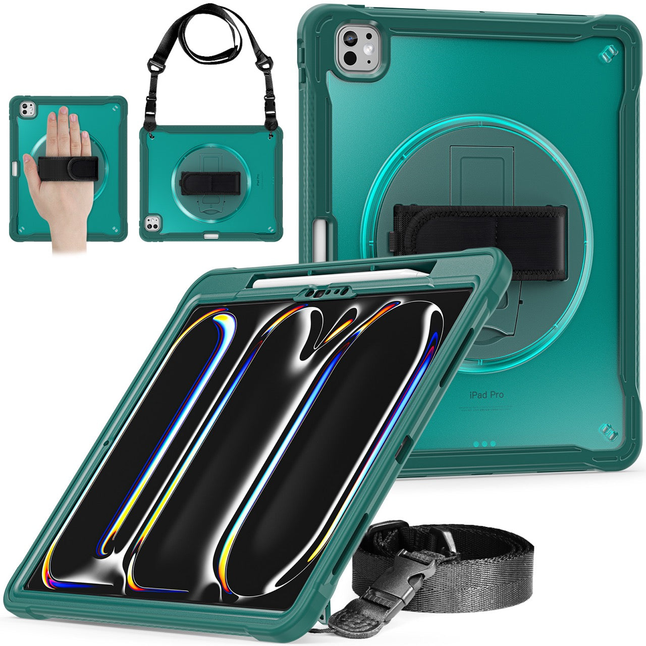iPad Pro 13" Rugged Case (M5 2025 / M4 2024) - 360° Stand, Hand & Shoulder Strap - Shockproof - Green