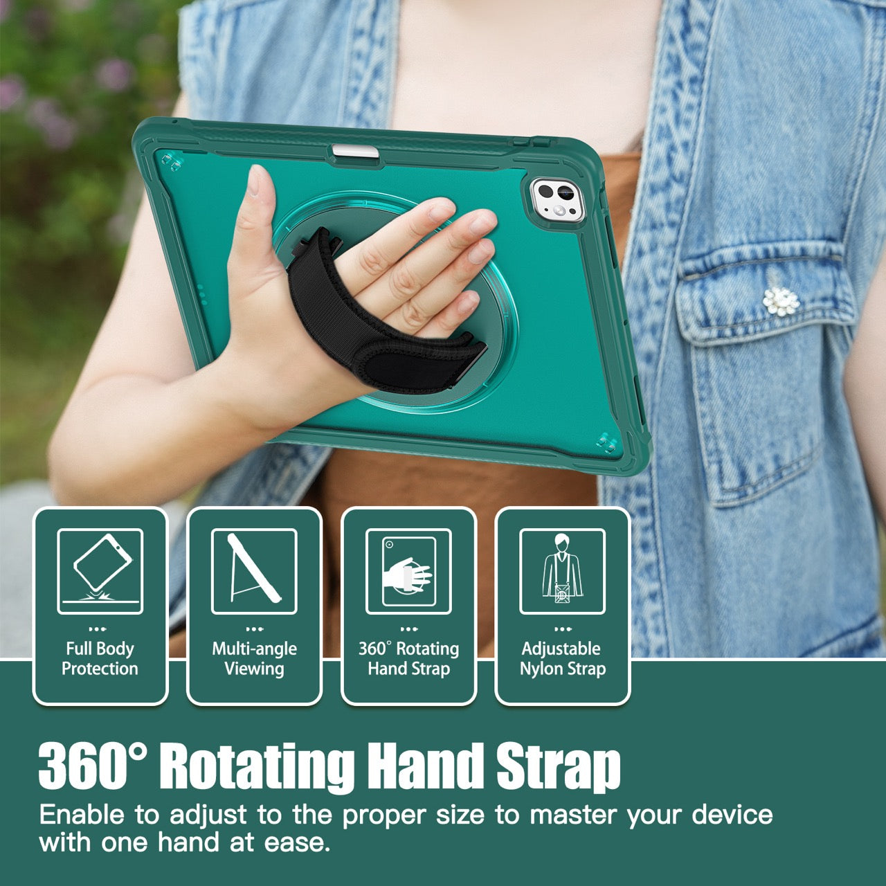iPad Pro 13" Rugged Case (M5 2025 / M4 2024) - 360° Stand, Hand & Shoulder Strap - Shockproof - Green