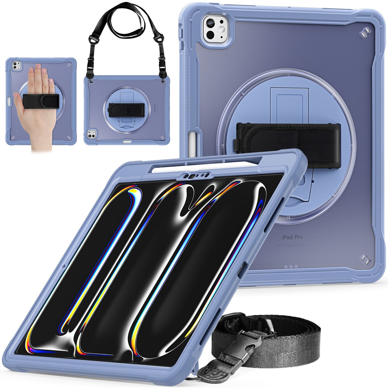 iPad Pro 13" Rugged Case (M5 2025 / M4 2024) - 360° Stand, Hand & Shoulder Strap - Shockproof - Lavender
