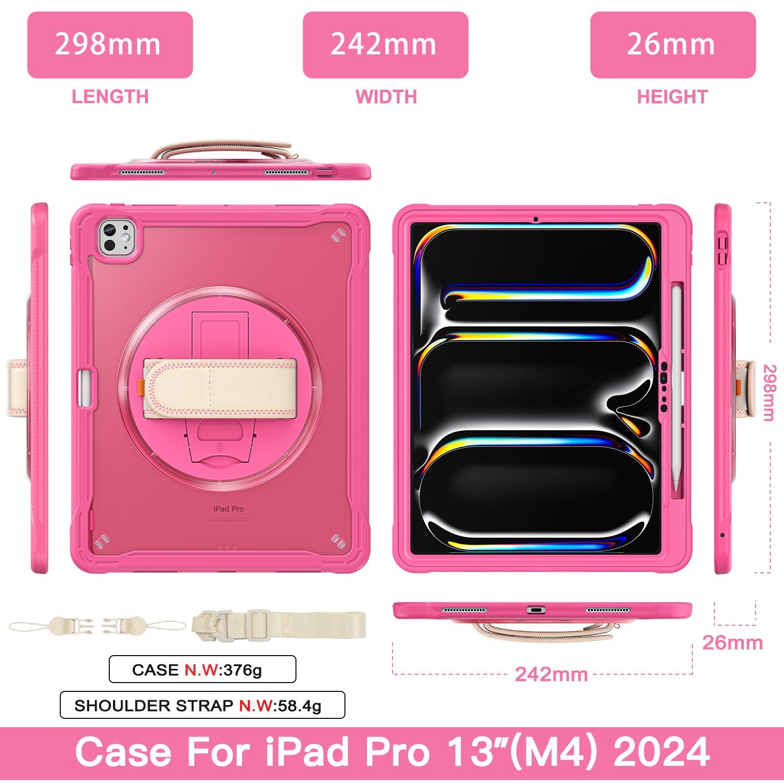 iPad Pro 13" Rugged Case (M5 2025 / M4 2024) - 360° Stand, Hand & Shoulder Strap - Shockproof - Rose