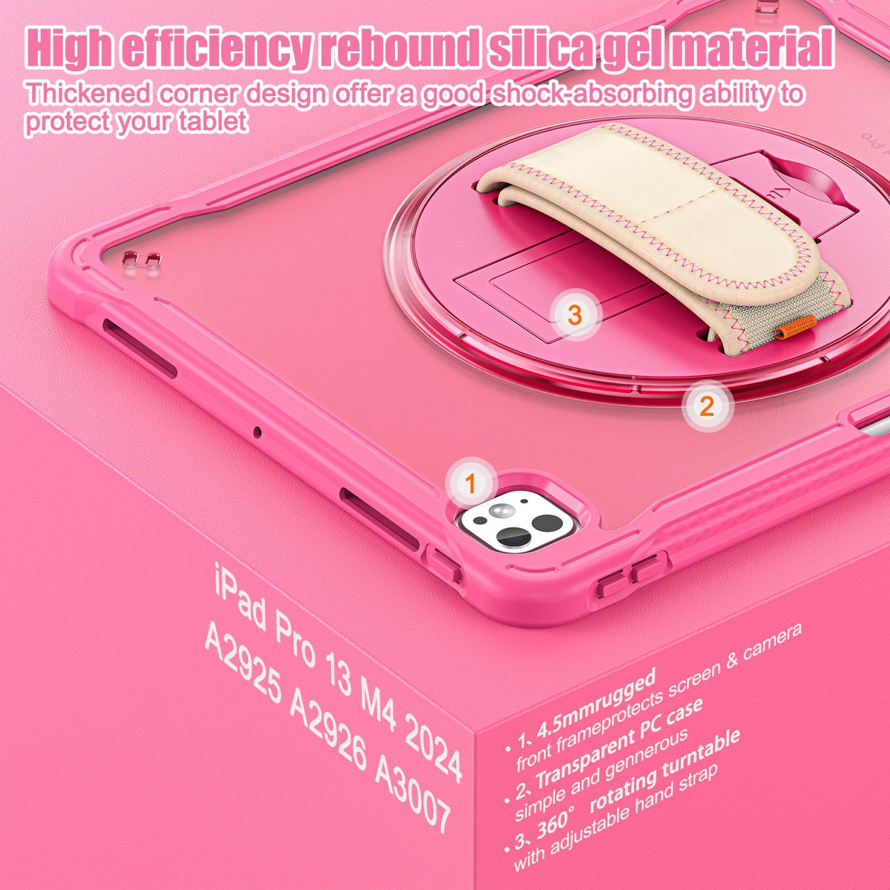 iPad Pro 13" Rugged Case (M5 2025 / M4 2024) - 360° Stand, Hand & Shoulder Strap - Shockproof - Rose