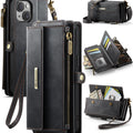 iPhone 14 Plus Crossbody Case with Strap, Card Slots & Zipper Pocket [Black] - Black