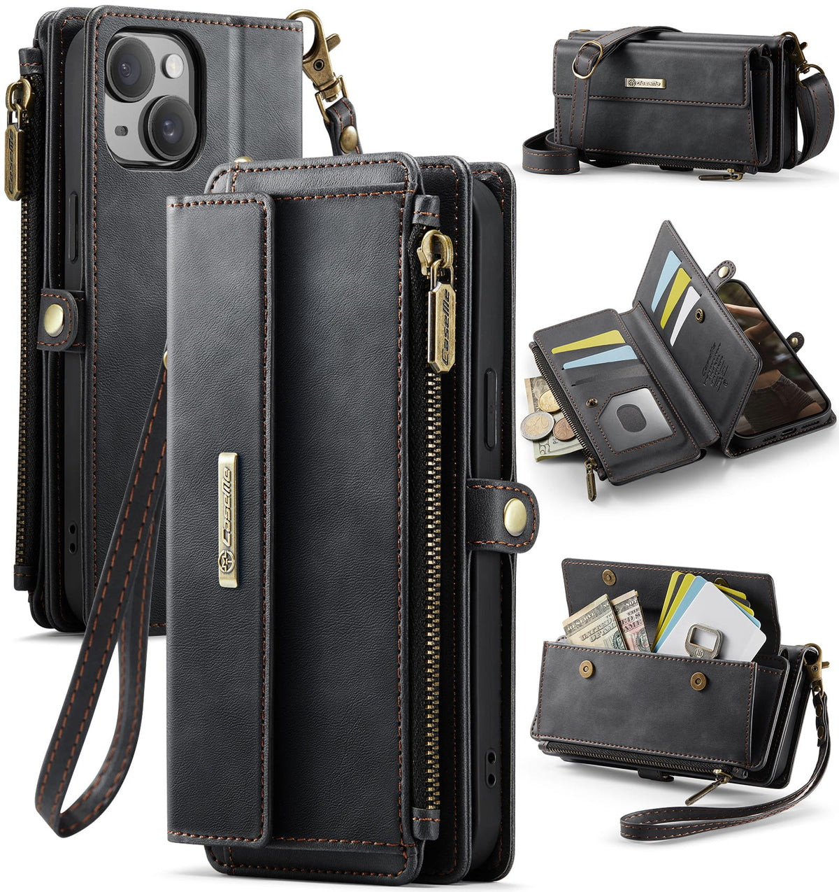 iPhone 14 Plus Crossbody Case with Strap, Card Slots & Zipper Pocket [Black]