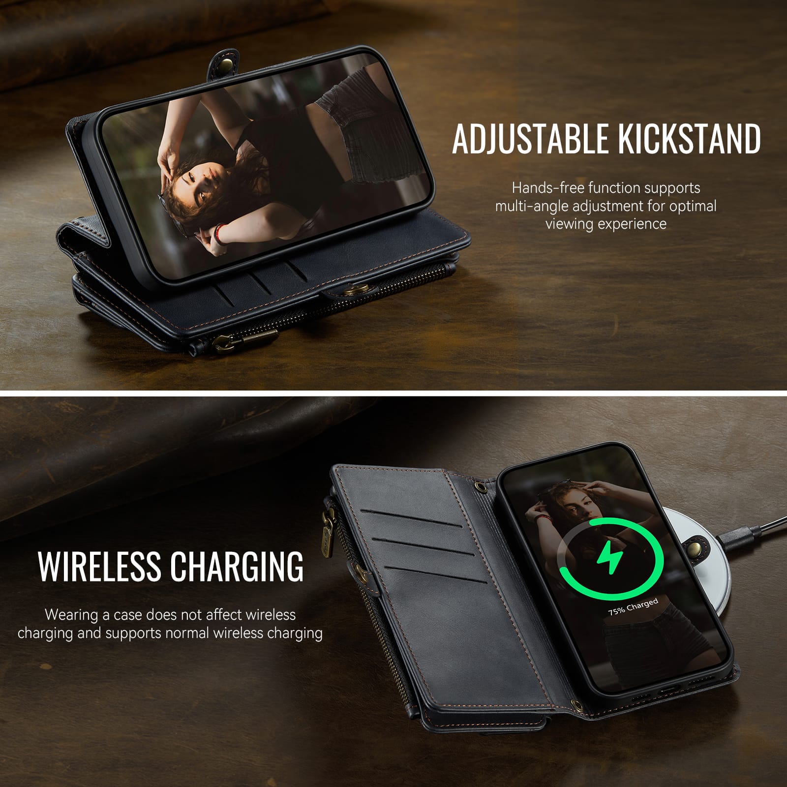 iPhone 15 Crossbody Case with Strap, Card Slots & Zipper Pocket [Black]