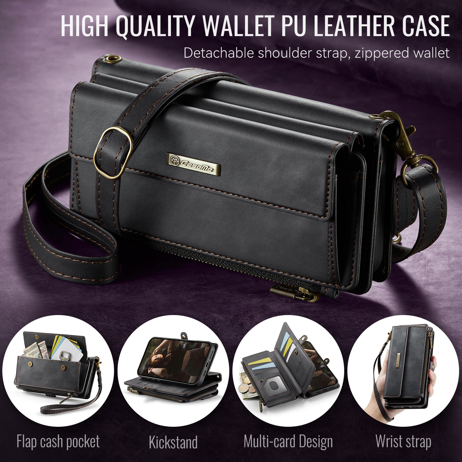 iPhone 15 Crossbody Case with Strap, Card Slots & Zipper Pocket [Black]