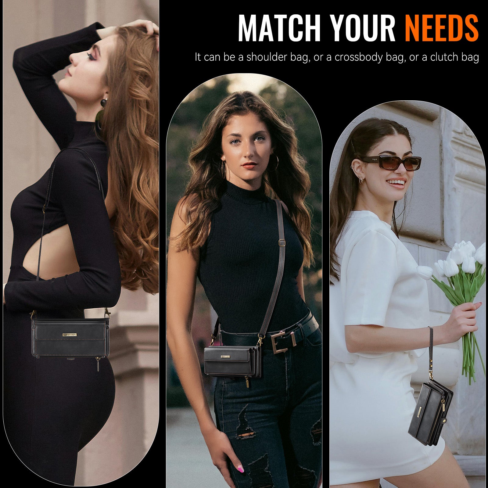 iPhone 15 Crossbody Case with Strap, Card Slots & Zipper Pocket [Black]