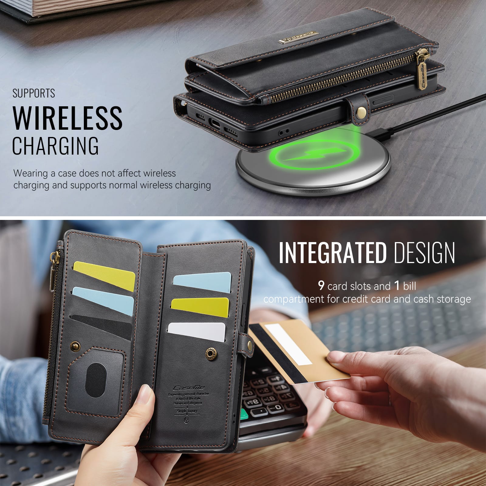iPhone 15 Crossbody Case with Strap, Card Slots & Zipper Pocket [Black]