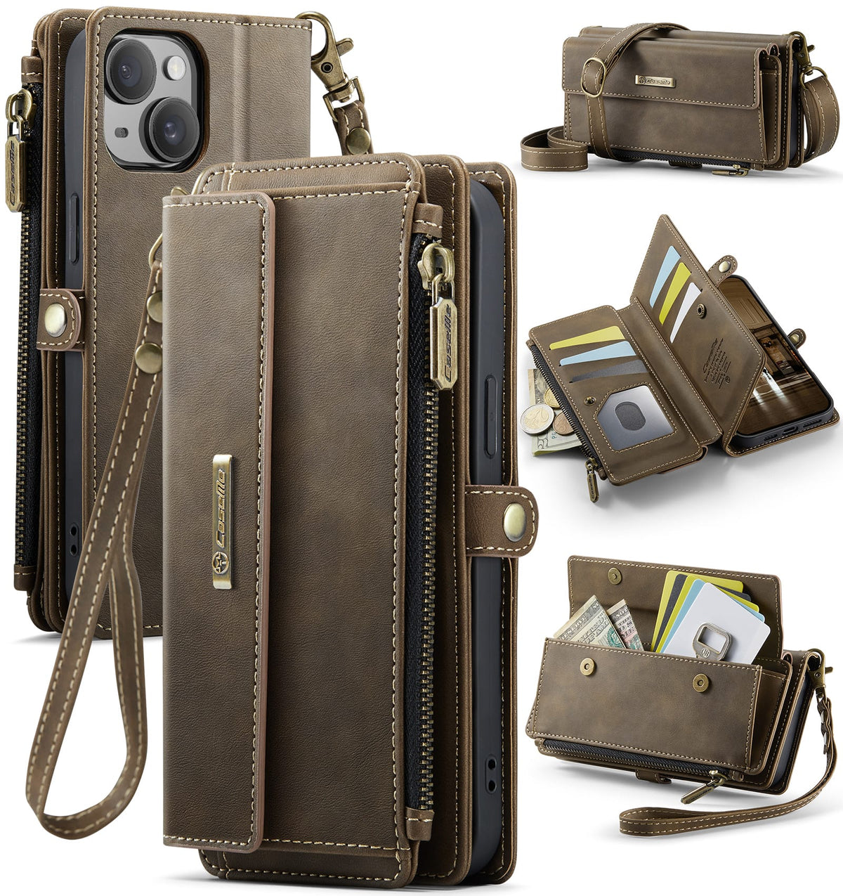 iPhone 15 Crossbody Case with Strap, Card Slots & Zipper Pocket [Coffee]