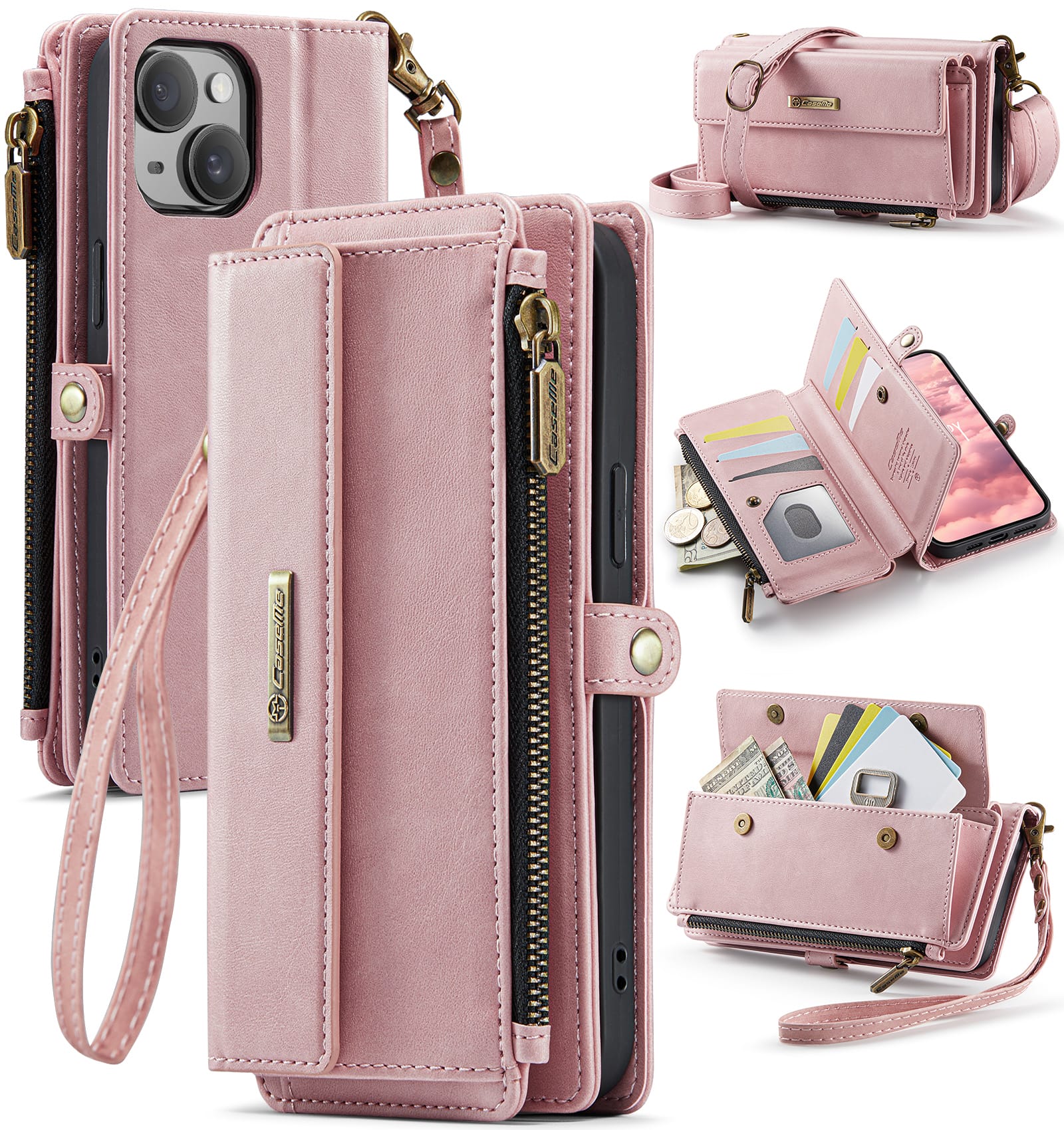 iPhone 15 Plus Crossbody Case with Strap, Card Slots & Zipper Pocket [Pink]