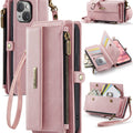iPhone 14 Plus Crossbody Case with Strap, Card Slots & Zipper Pocket [Pink] - Pink