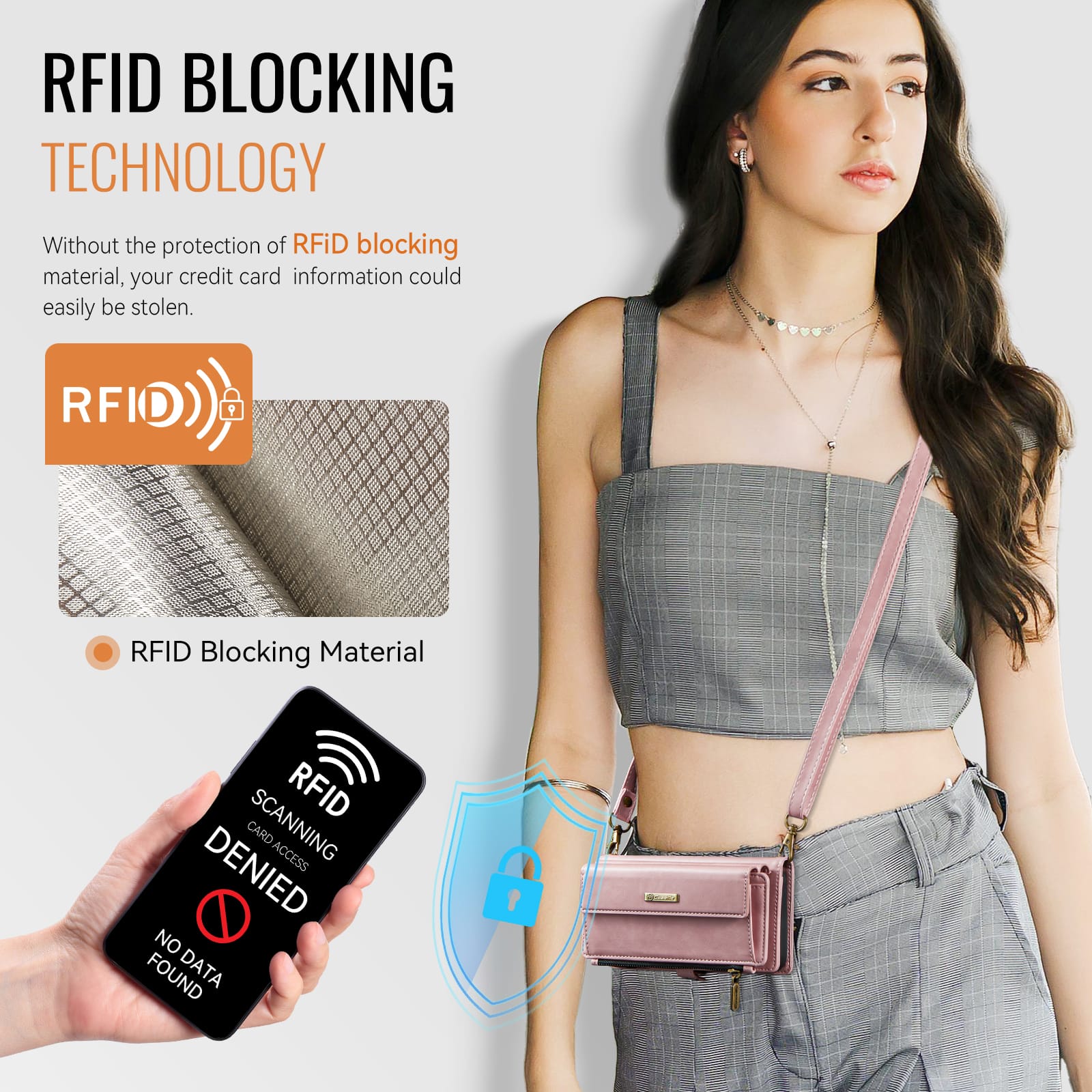 iPhone 15 Plus Crossbody Case with Strap, Card Slots & Zipper Pocket [Pink]