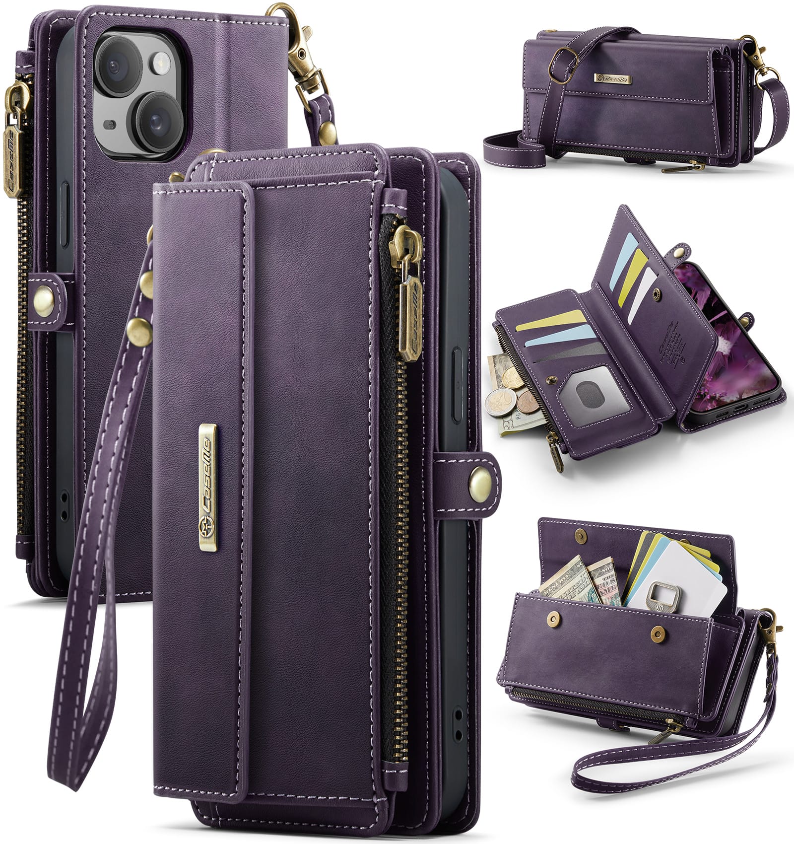 iPhone 15 Plus Crossbody Case with Strap, Card Slots & Zipper Pocket [Purple]