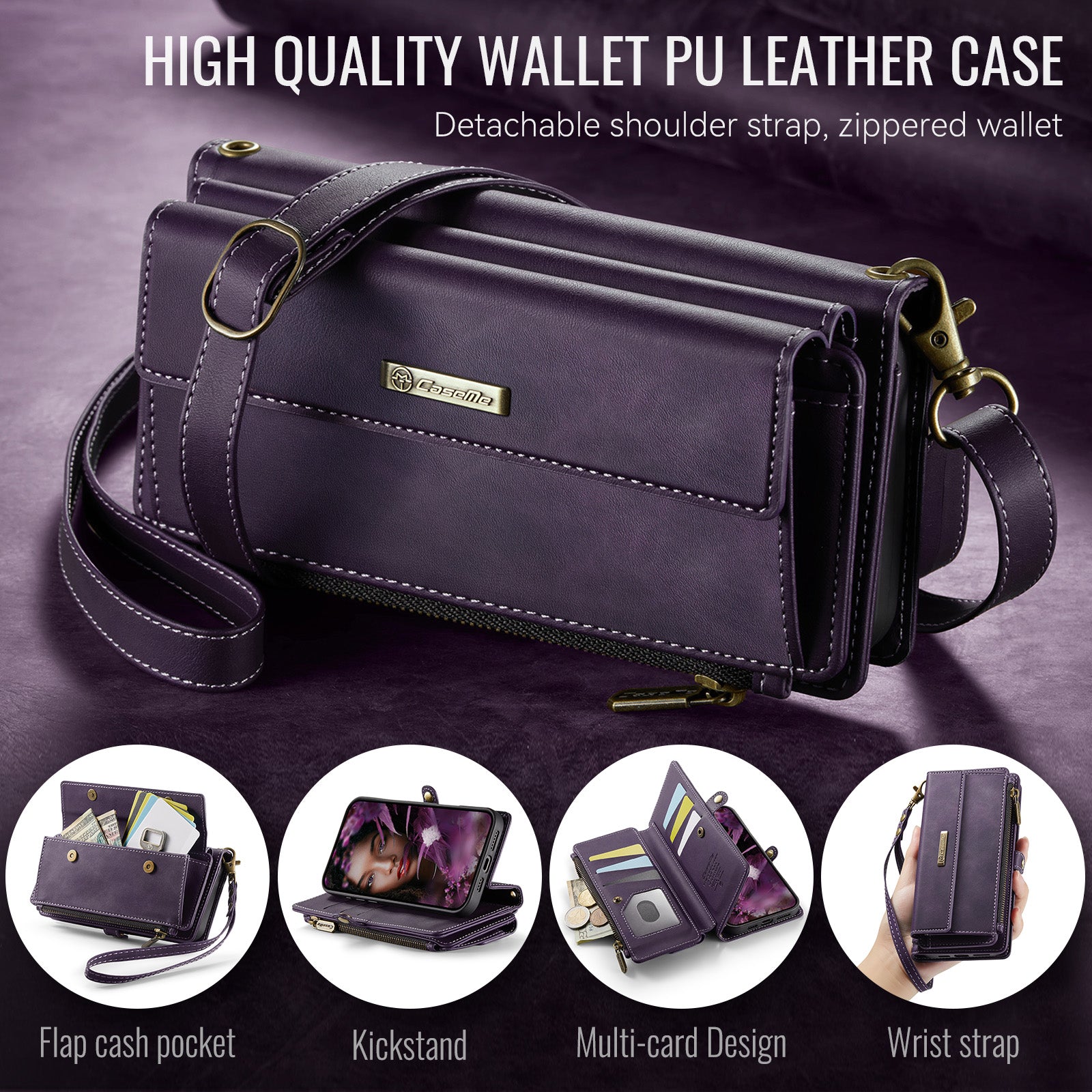 iPhone 15 Crossbody Case with Strap, Card Slots & Zipper Pocket [Purple]