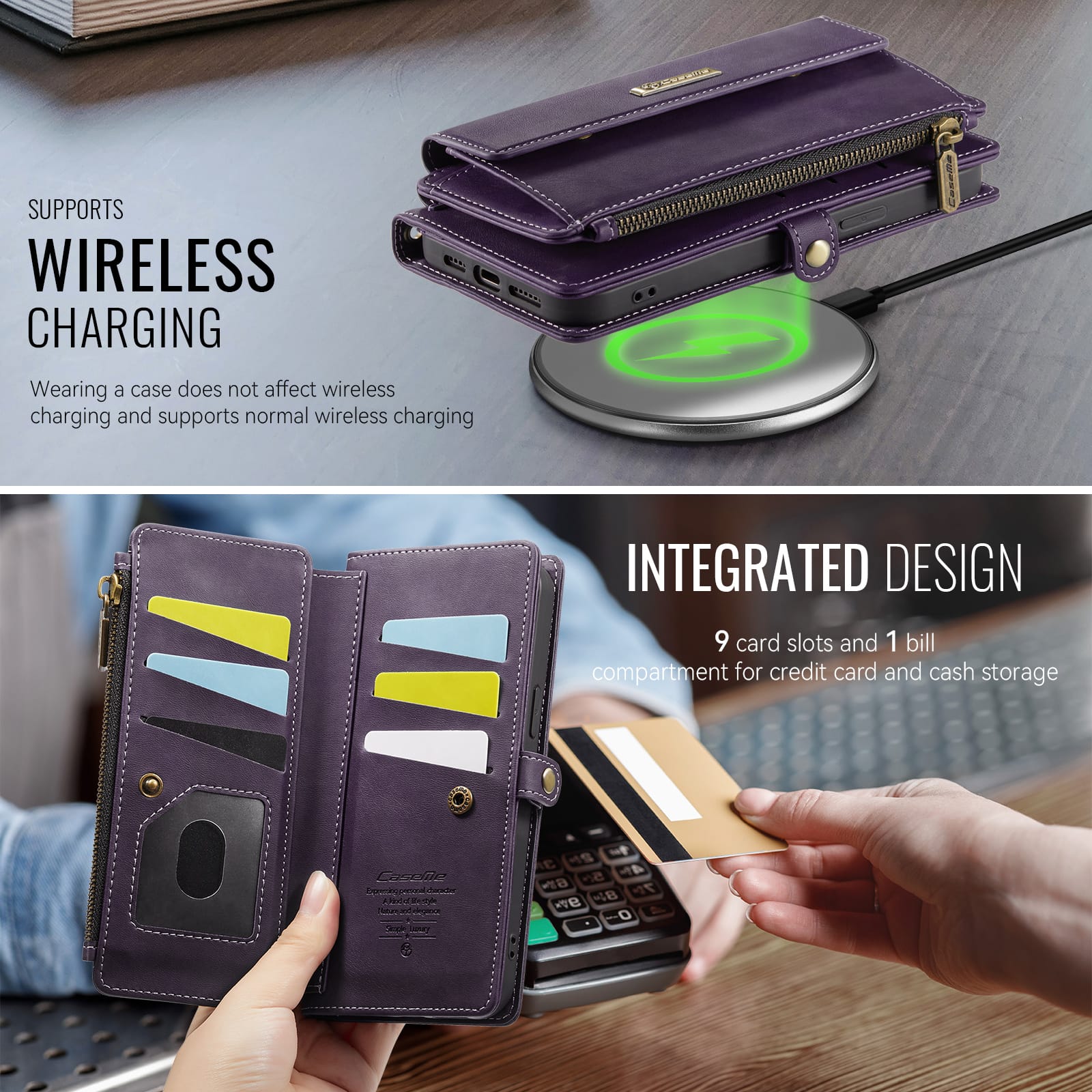 iPhone 15 Crossbody Case with Strap, Card Slots & Zipper Pocket [Purple]
