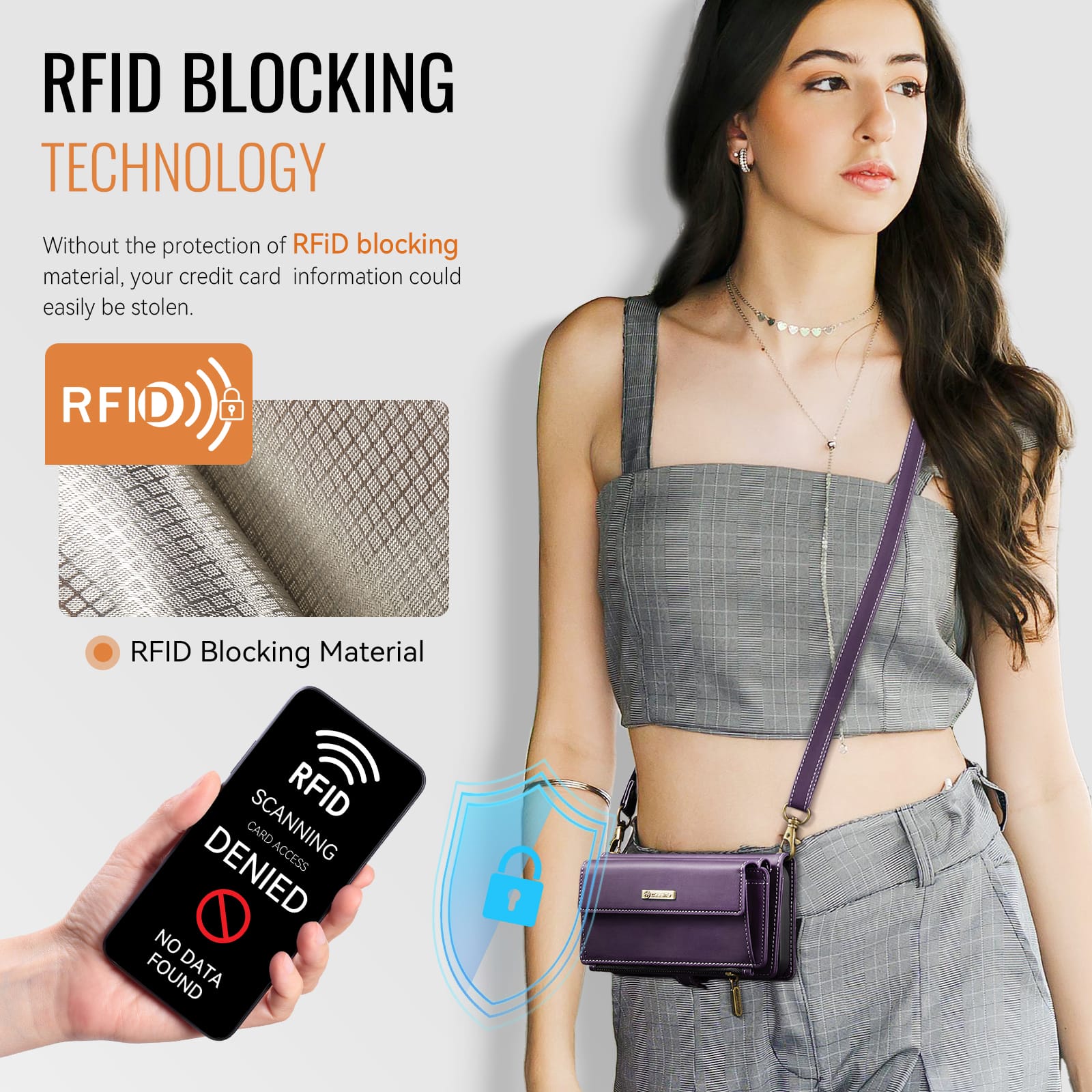iPhone 15 Crossbody Case with Strap, Card Slots & Zipper Pocket [Purple]