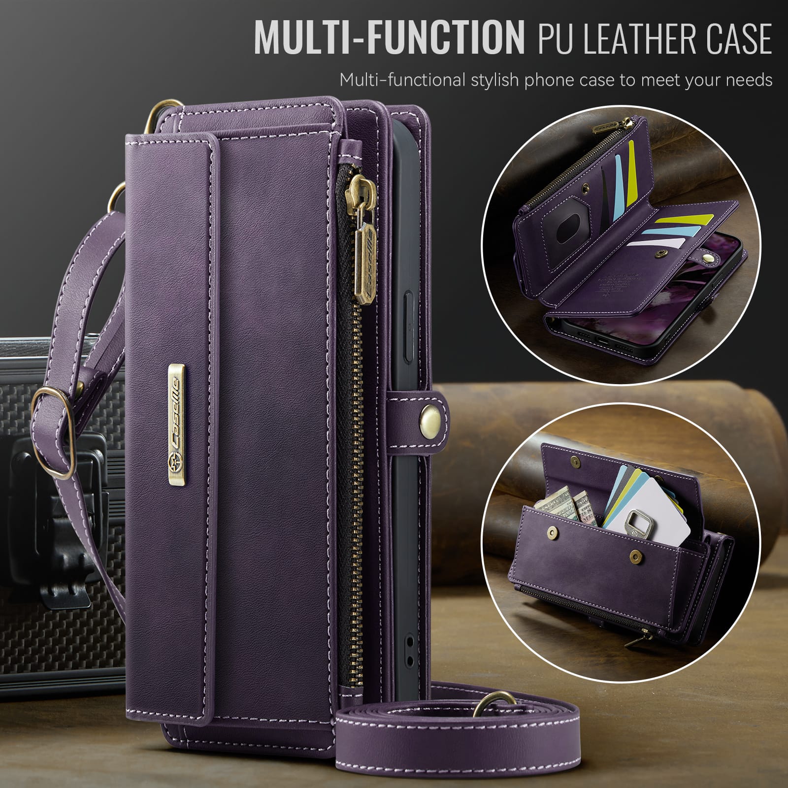iPhone 15 Crossbody Case with Strap, Card Slots & Zipper Pocket [Purple]