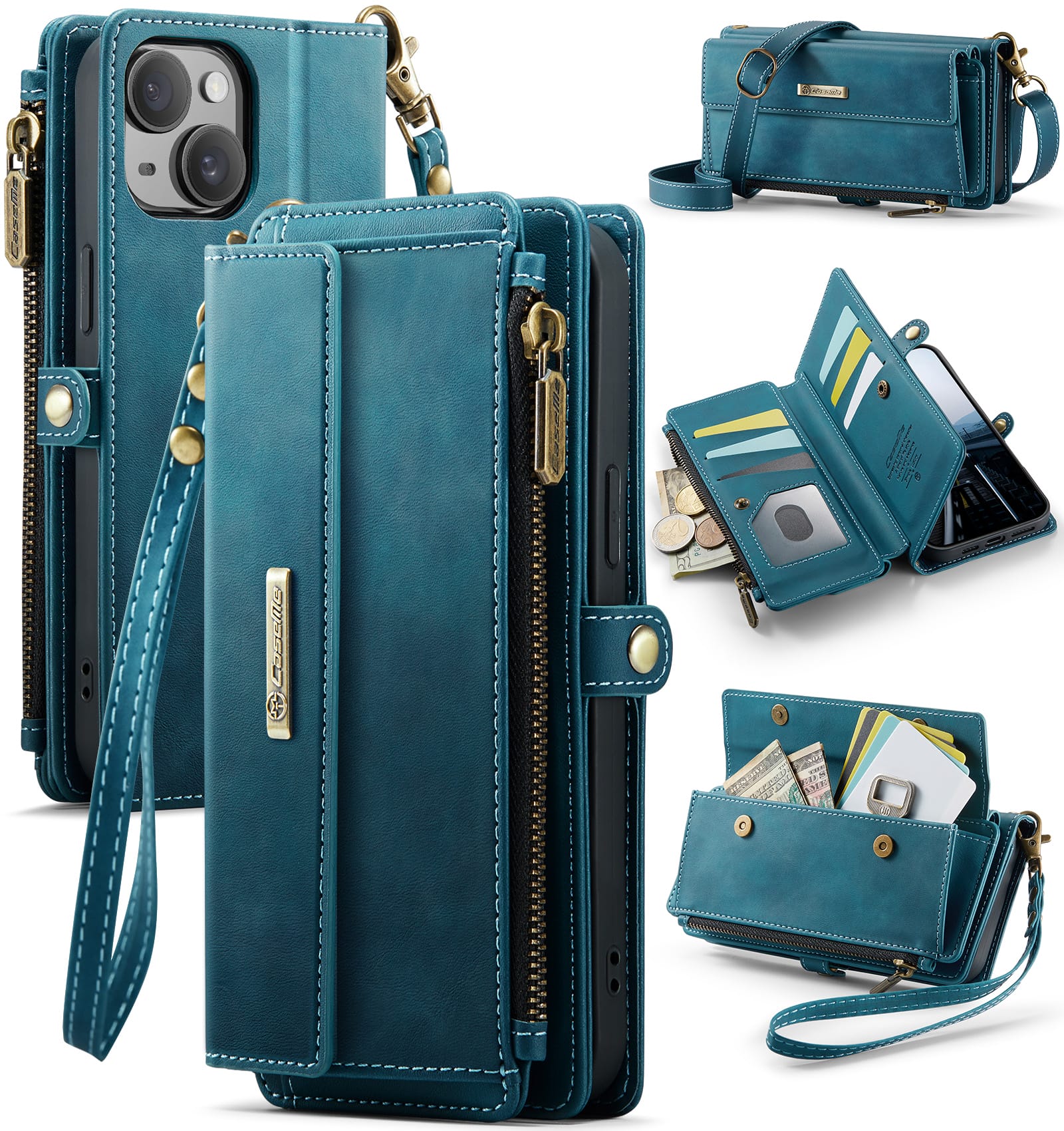 iPhone 15 Plus Crossbody Case with Strap, Card Slots & Zipper Pocket [Teal]
