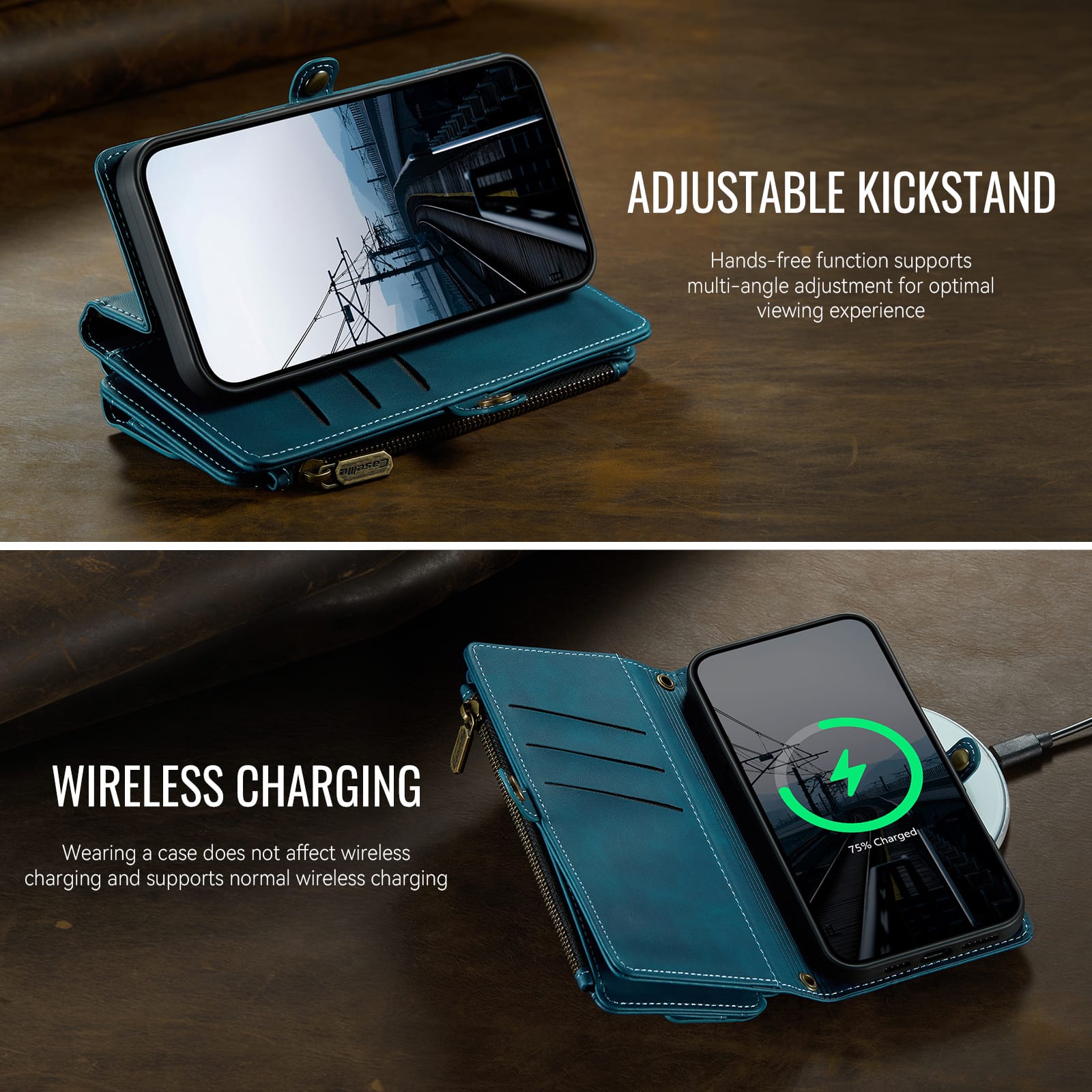 iPhone 15 Crossbody Case with Strap, Card Slots & Zipper Pocket [Teal]