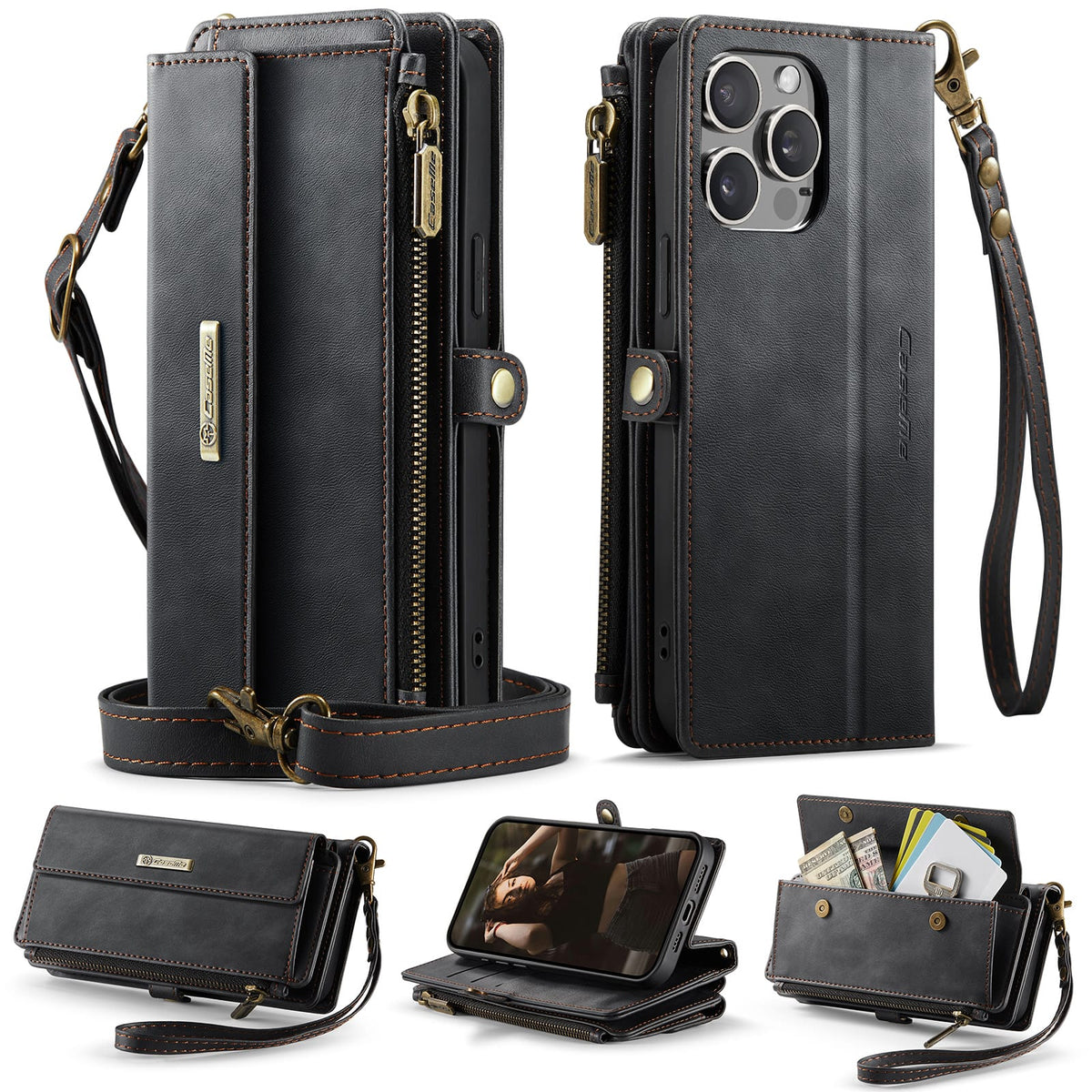 iPhone 15 Pro Crossbody Case with Strap, Card Slots & Zipper Pocket [Black]