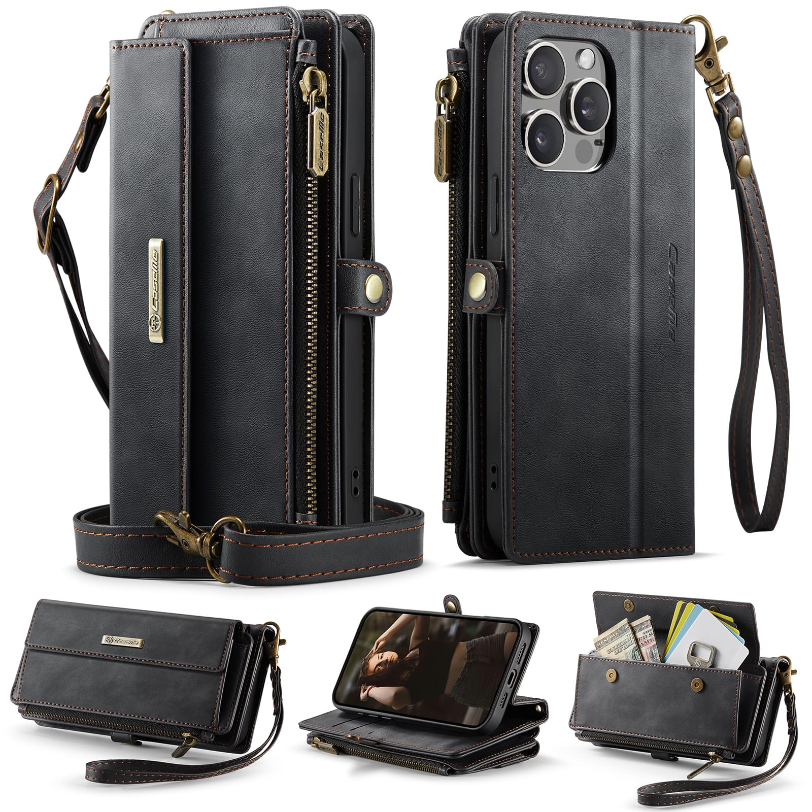 iPhone 14 Pro Max Crossbody Case with Strap, Card Slots & Zipper Pocket [Black]