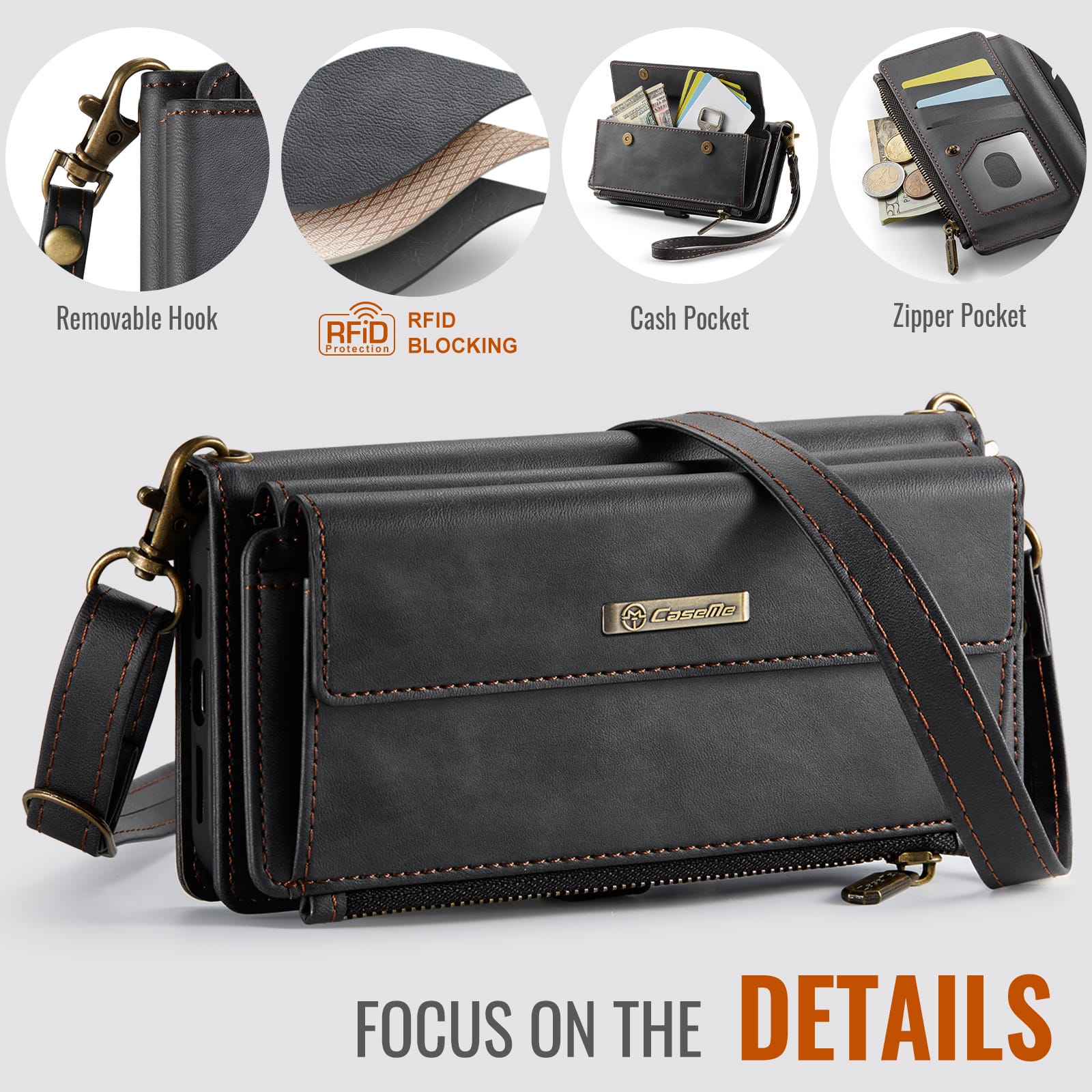 iPhone 15 Pro Max Crossbody Case with Strap, Card Slots & Zipper Pocket [Black]