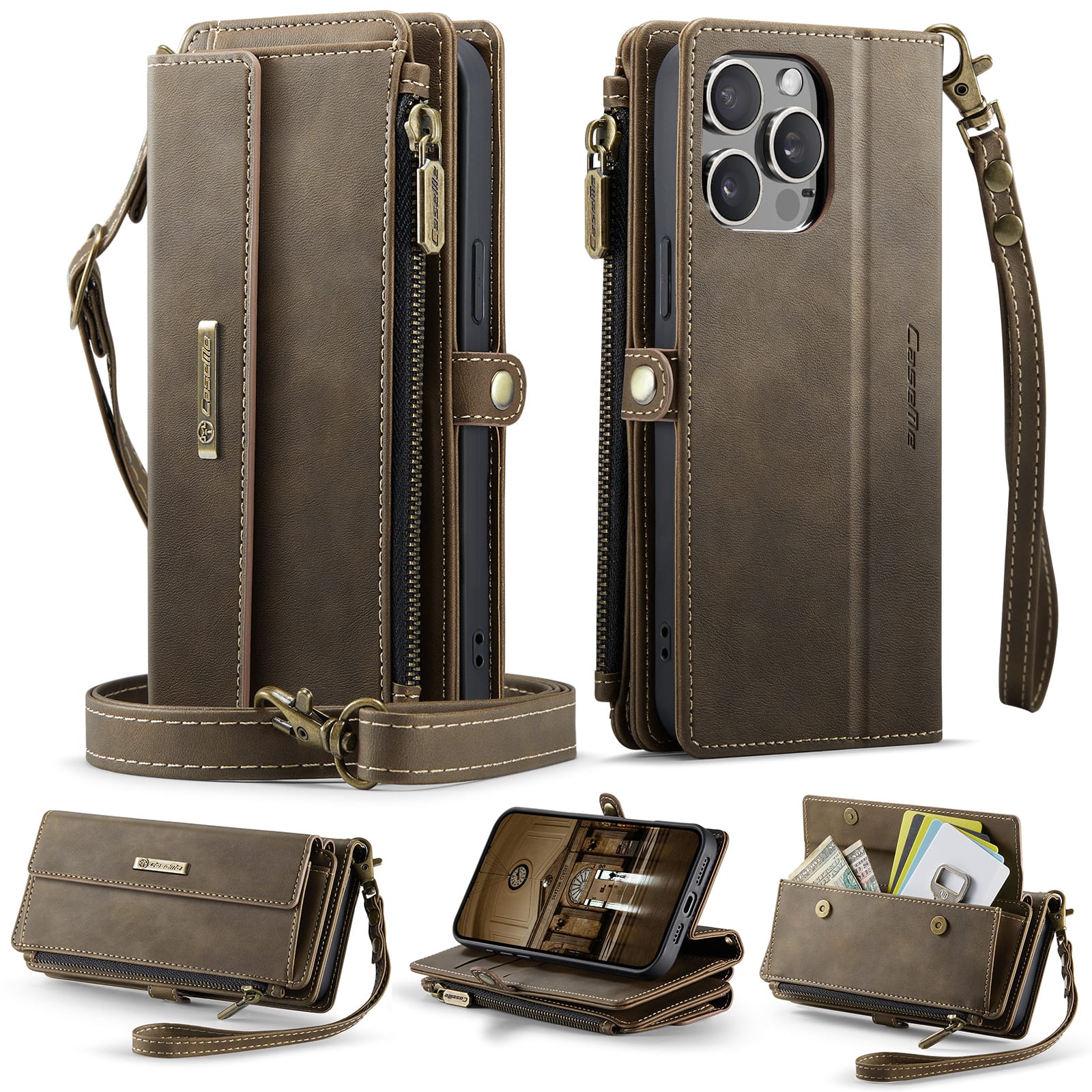 iPhone 14 Pro Max Crossbody Case with Strap, Card Slots & Zipper Pocket [Coffee]