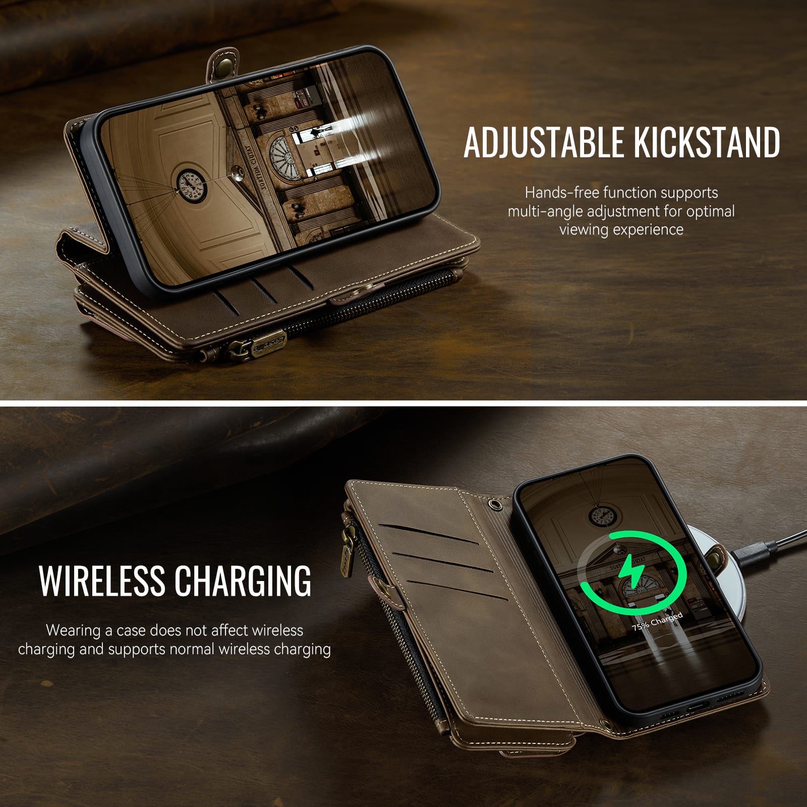iPhone 15 Pro Crossbody Case with Strap, Card Slots & Zipper Pocket [Coffee]