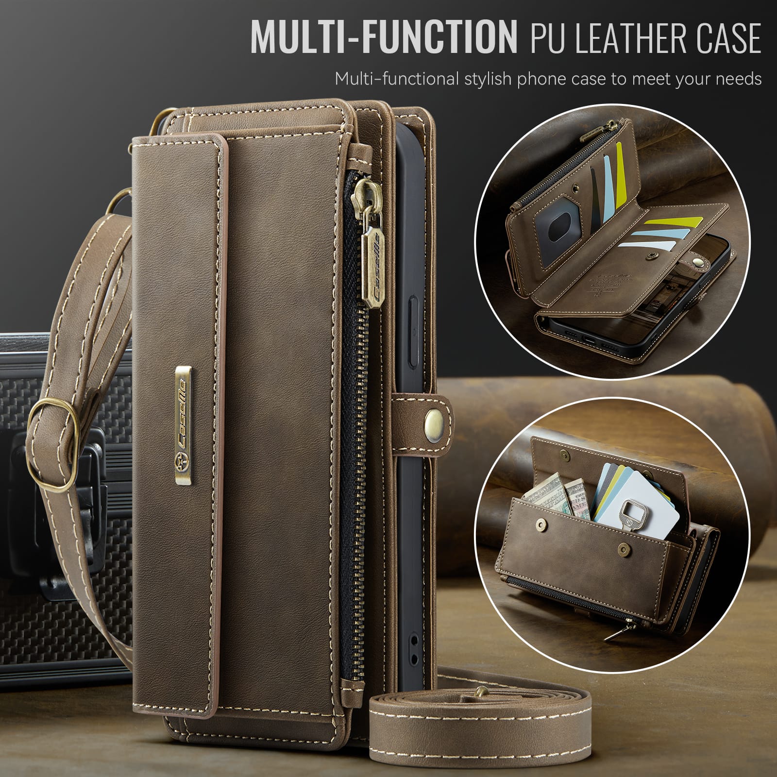 iPhone 15 Pro Crossbody Case with Strap, Card Slots & Zipper Pocket [Coffee]