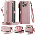 iPhone 15 Pro Max Crossbody Case with Strap, Card Slots & Zipper Pocket [Pink] - Pink