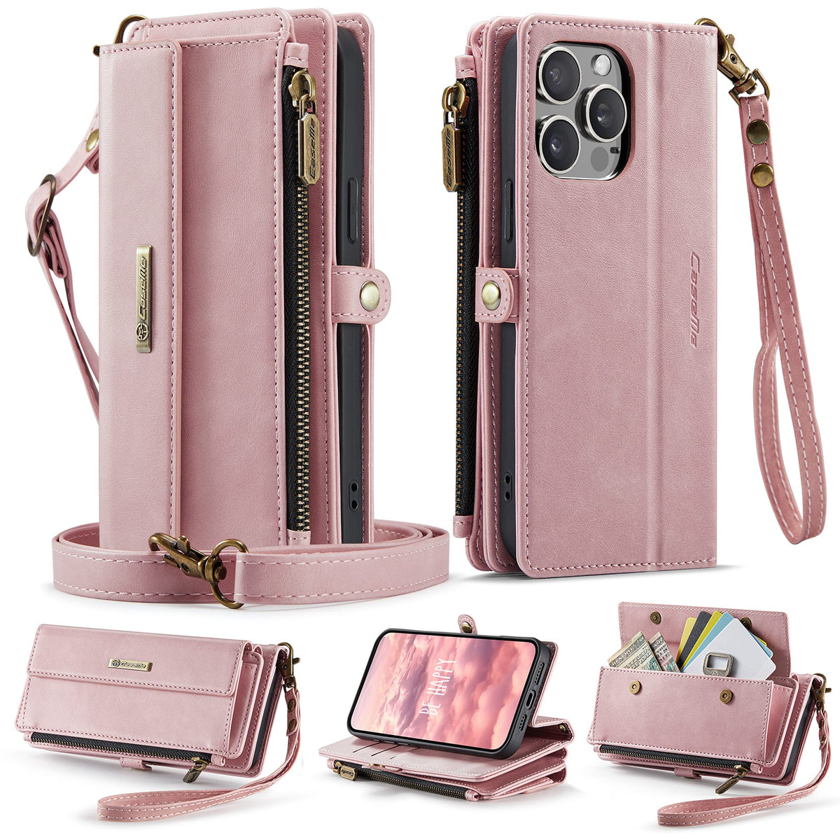 iPhone 14 Pro Crossbody Case with Strap, Card Slots & Zipper Pocket [Pink]