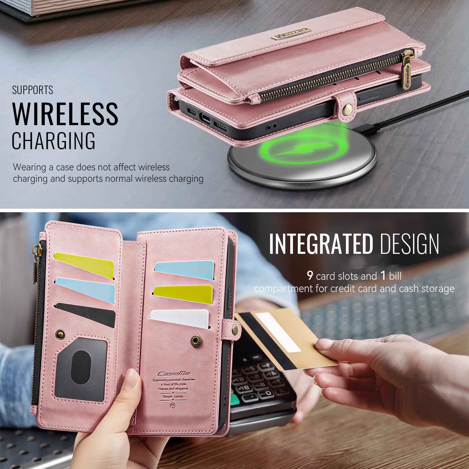 iPhone 15 Pro Crossbody Case with Strap, Card Slots & Zipper Pocket [Pink]