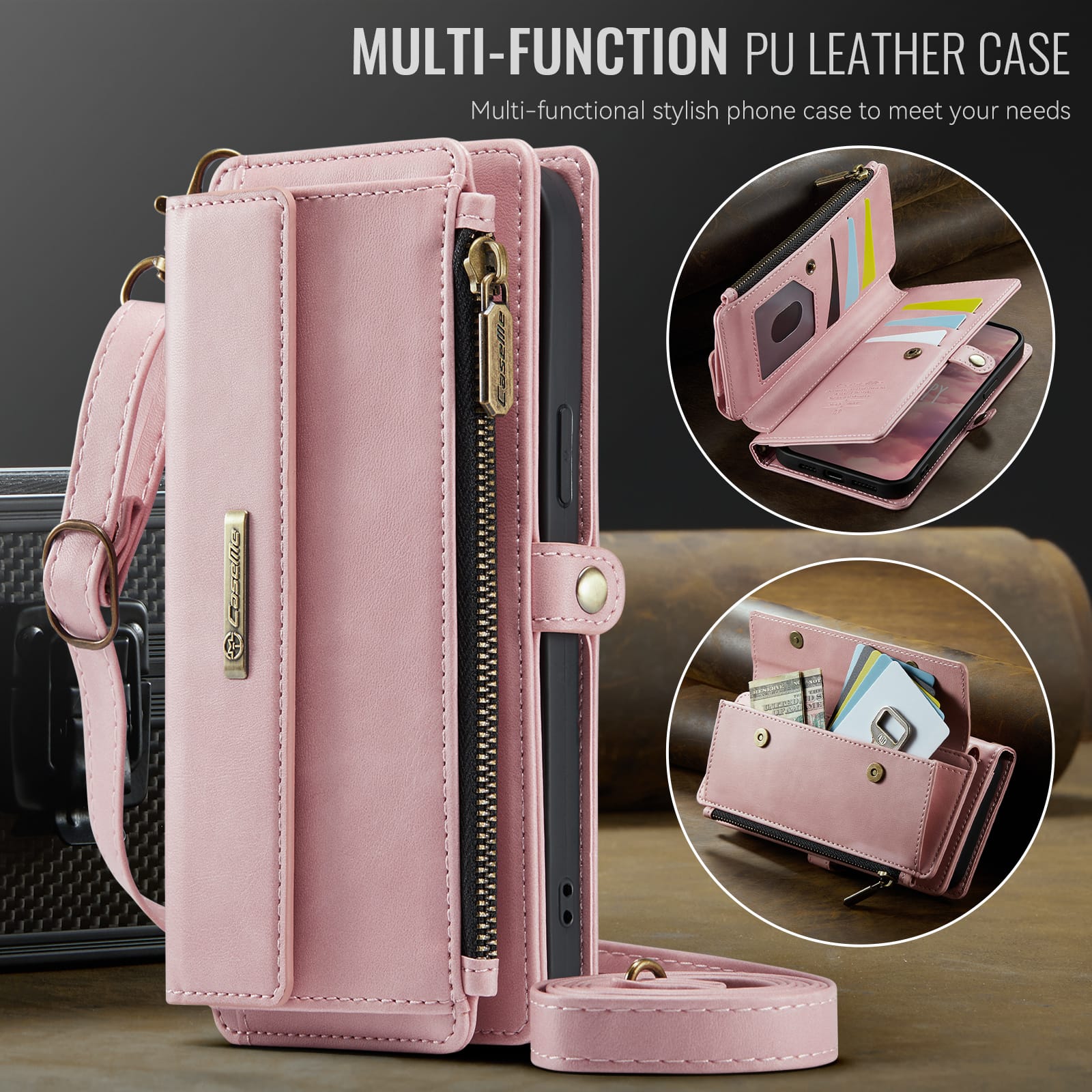 iPhone 15 Pro Crossbody Case with Strap, Card Slots & Zipper Pocket [Pink]
